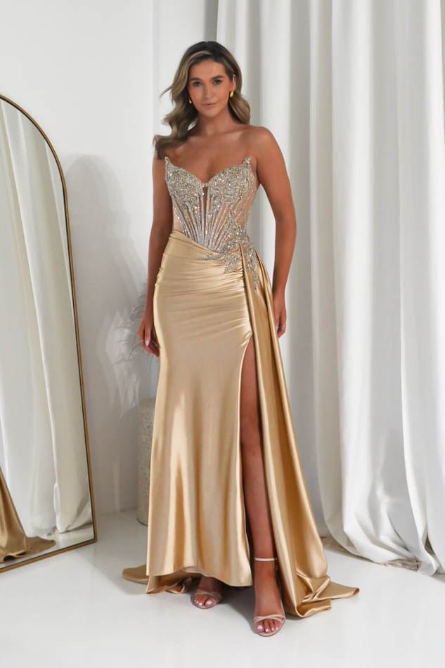 Hazelle Crystal Embellished Corset Gown | Gold-Oh Hello Clothing