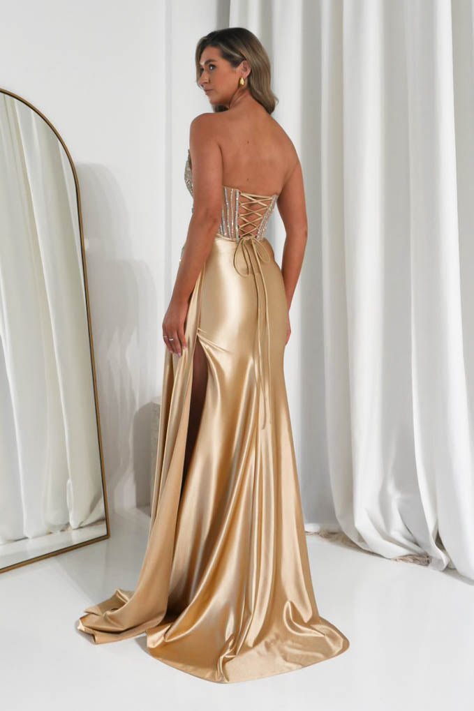 Hazelle Crystal Embellished Corset Gown | Gold-Oh Hello Clothing
