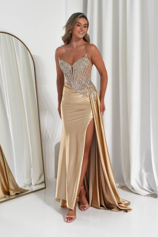 Hazelle Crystal Embellished Corset Gown | Gold-Oh Hello Clothing