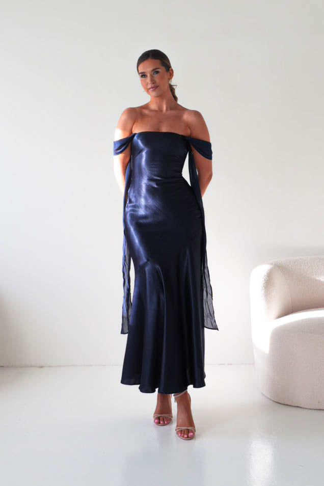Helda Off The Shoulder Soft Satin Maxi Dress | Navy-Oh Hello Clothing