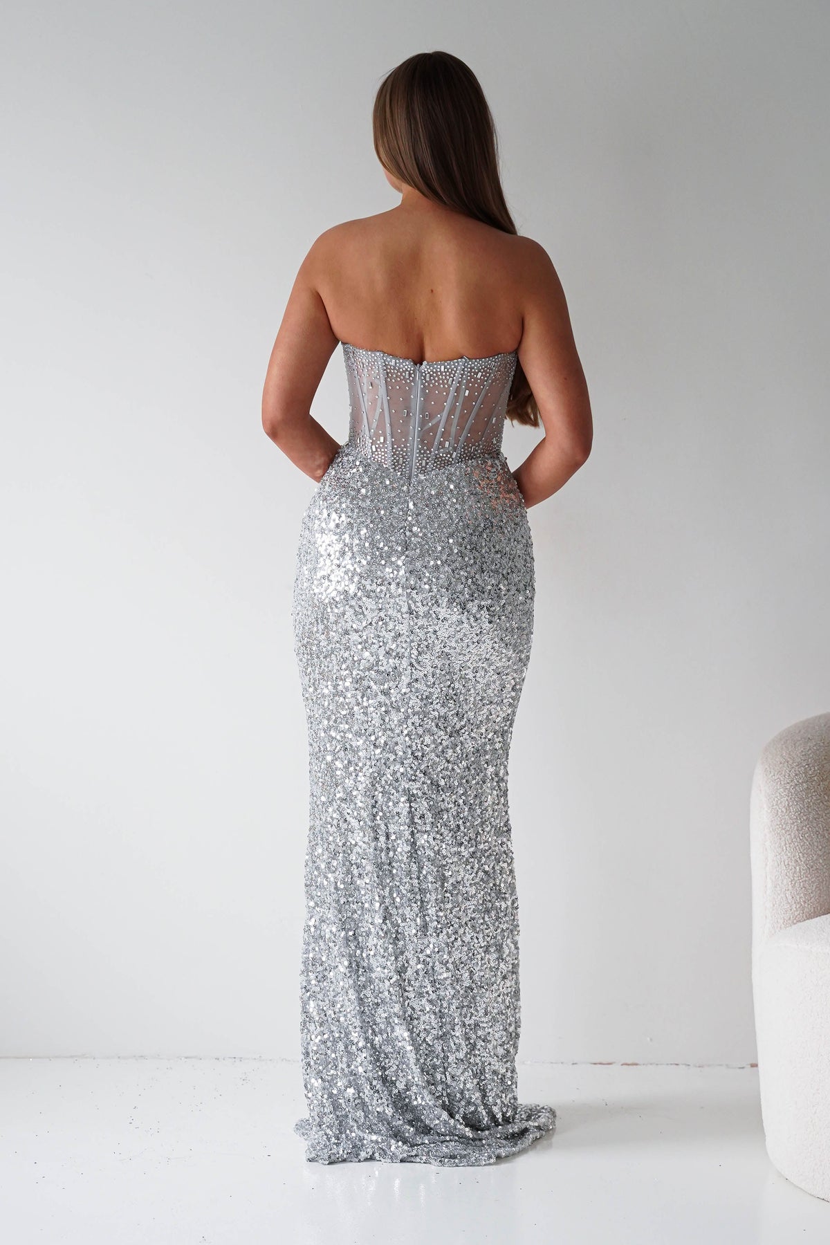 Henrietta Strapless Corset Sequin Gown | Silver-Oh Hello Clothing