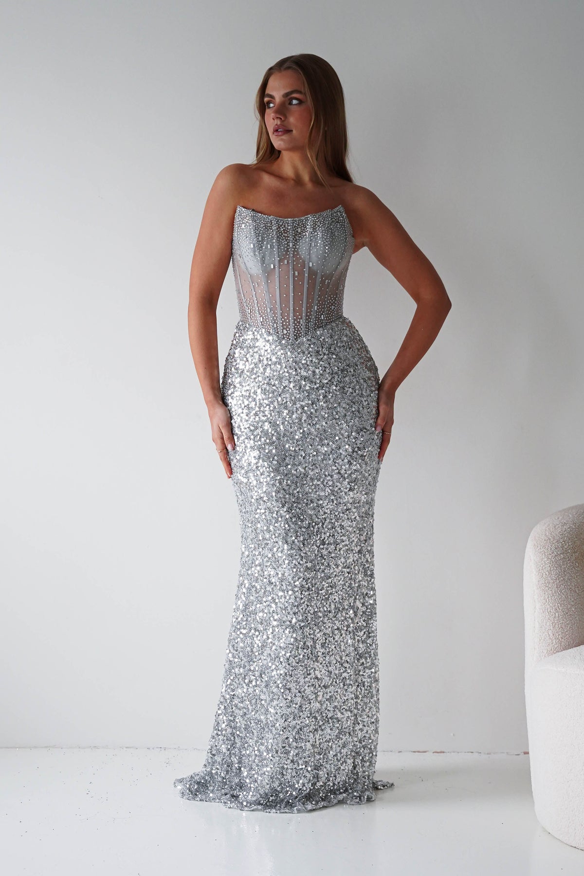 Henrietta Strapless Corset Sequin Gown | Silver-Oh Hello Clothing