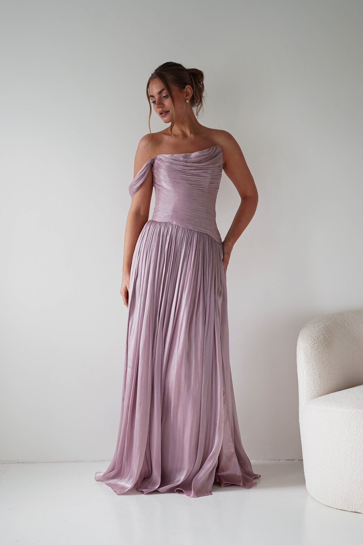 Hepburn One-Shoulder Pleated Maxi Dress | Mauve-Oh Hello Clothing