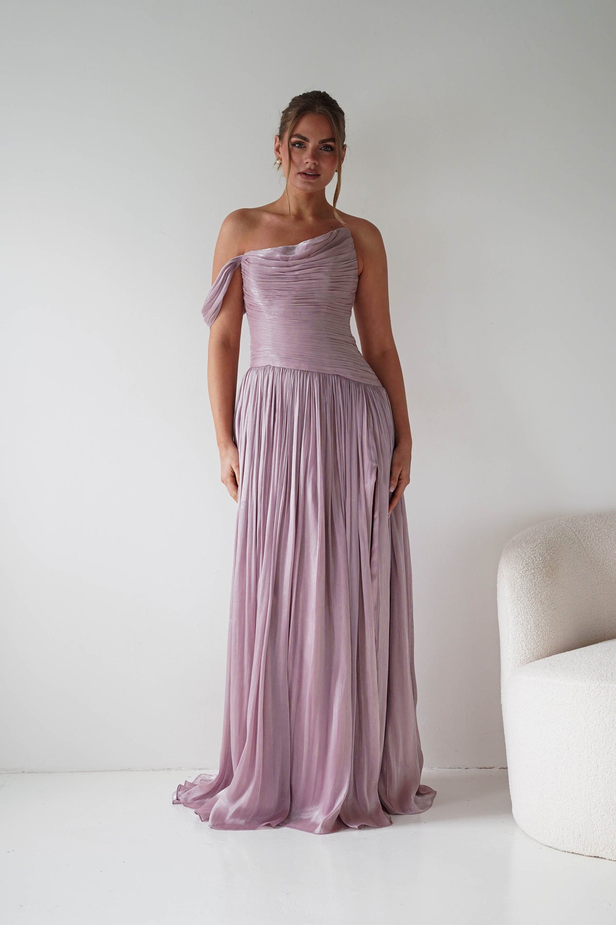 Hepburn One-Shoulder Pleated Maxi Dress | Mauve-Oh Hello Clothing