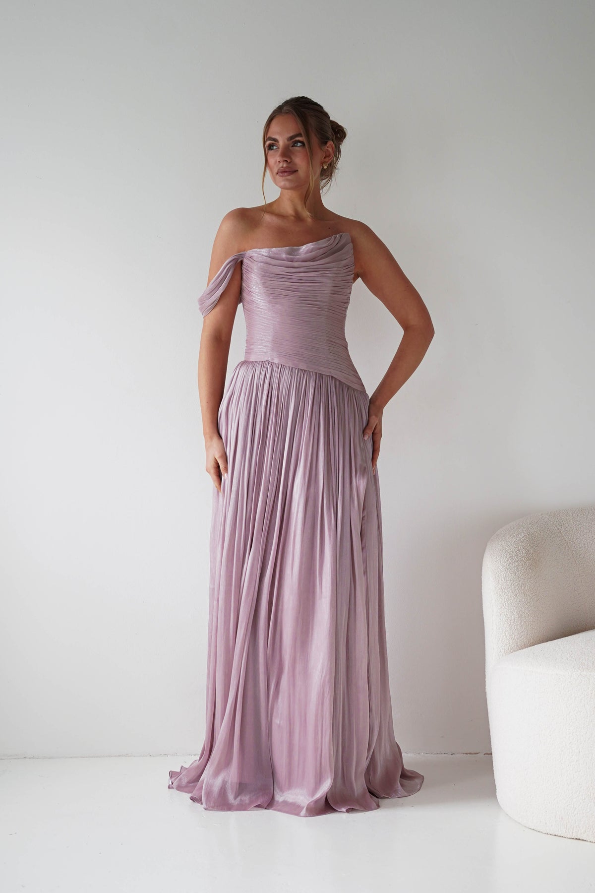 Hepburn One-Shoulder Pleated Maxi Dress | Mauve-Oh Hello Clothing