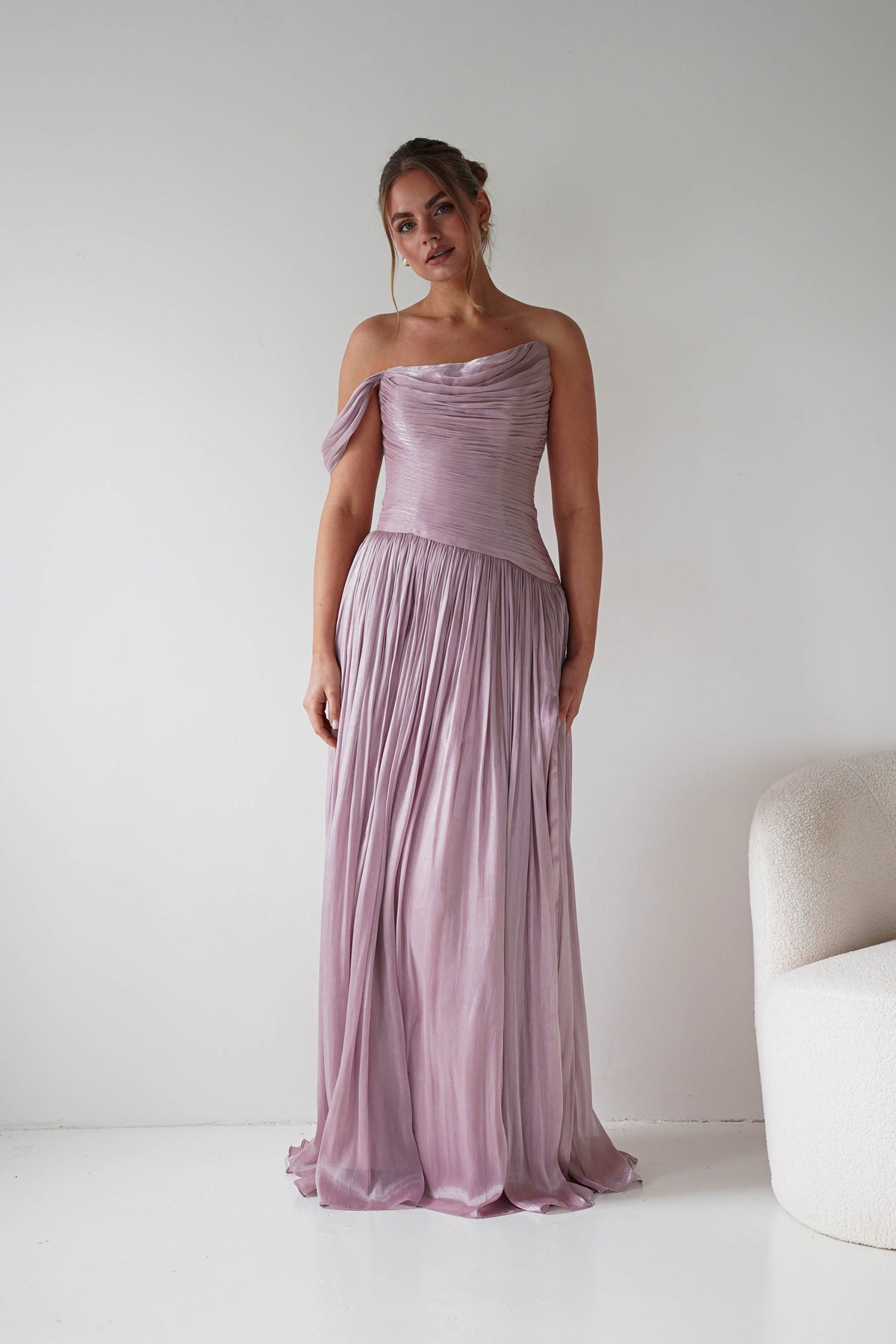 Hepburn One-Shoulder Pleated Maxi Dress | Mauve-Oh Hello Clothing