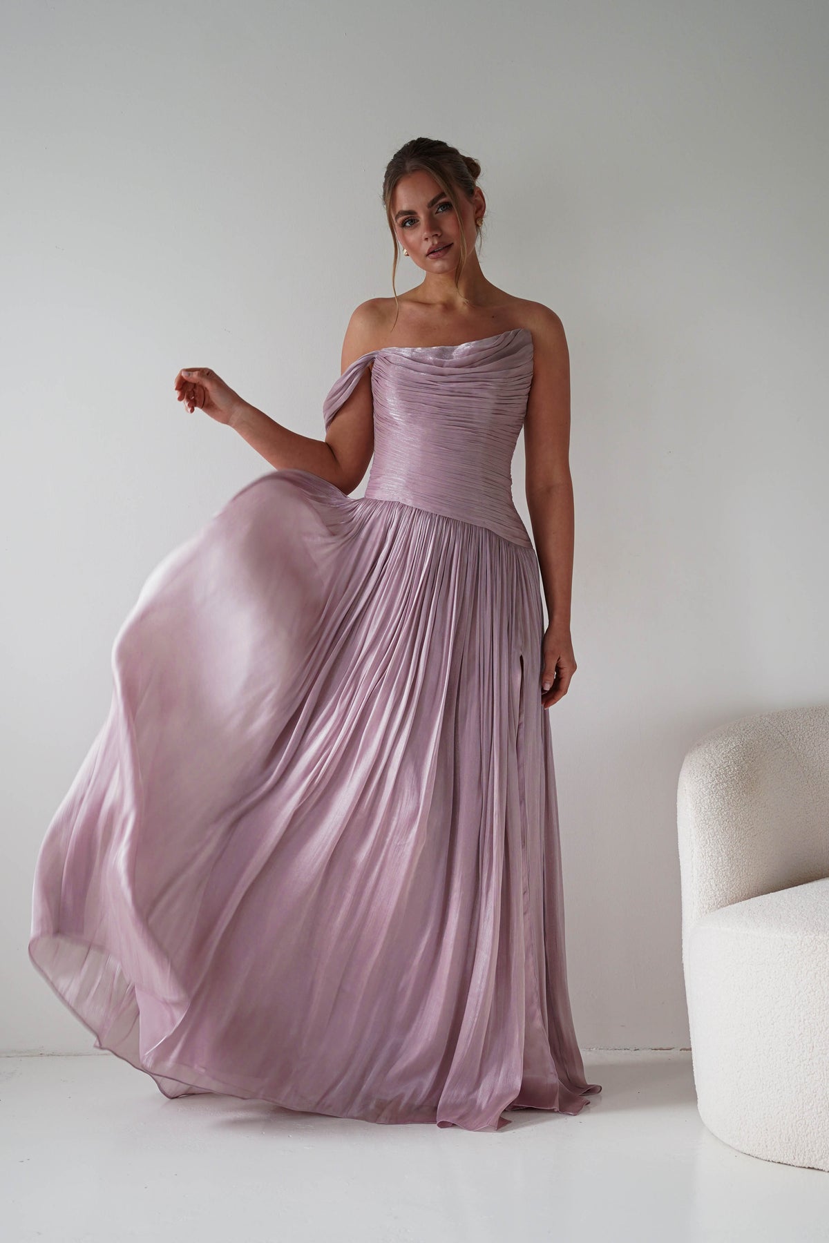 Hepburn One-Shoulder Pleated Maxi Dress | Mauve-Oh Hello Clothing
