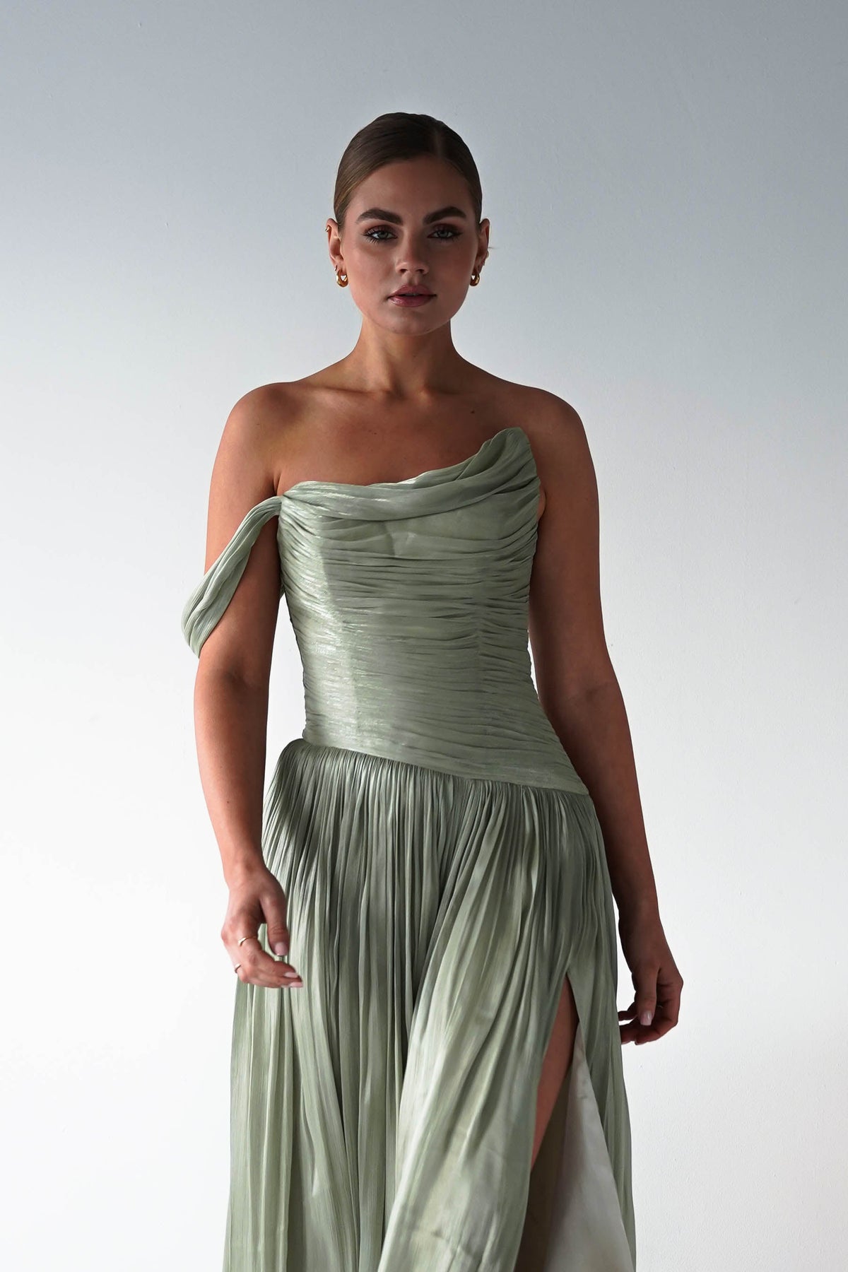 Hepburn One-Shoulder Pleated Maxi Dress | Sage-Oh Hello Clothing