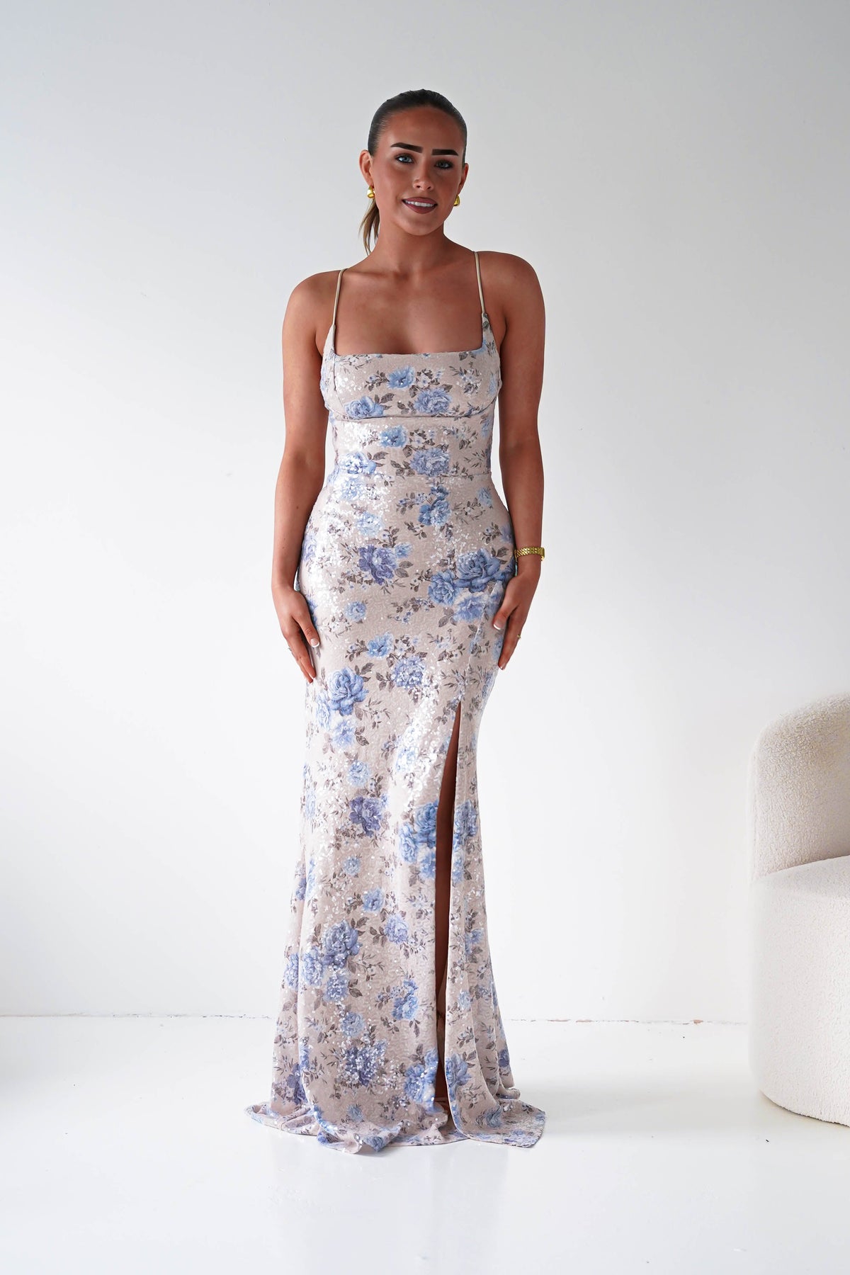 Imara Floral Sequin Maxi Dress | Beige/Blue-Oh Hello Clothing