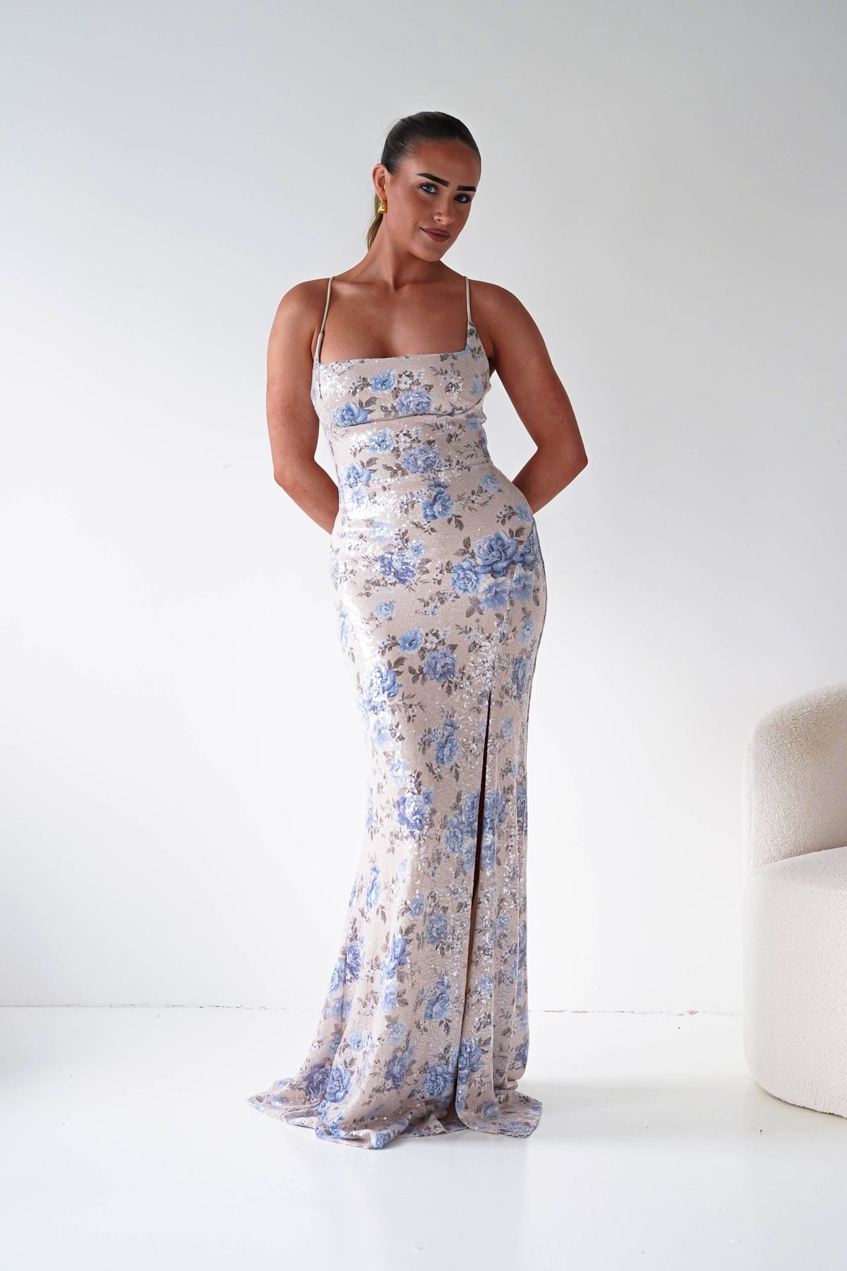 Imara Floral Sequin Maxi Dress | Beige/Blue-Oh Hello Clothing