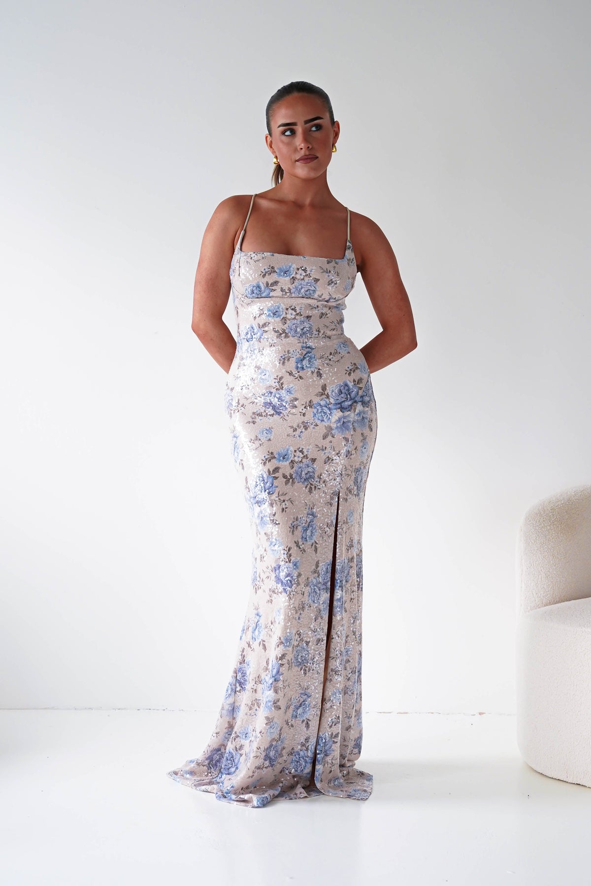 Imara Floral Sequin Maxi Dress | Beige/Blue-Oh Hello Clothing