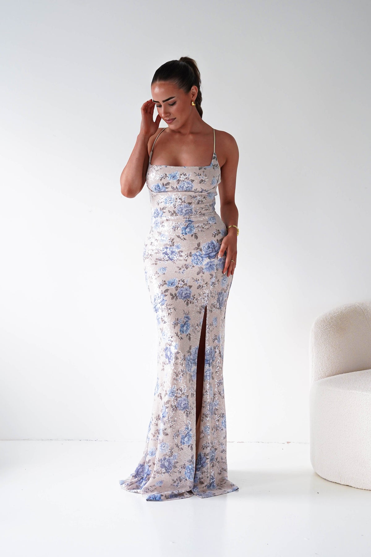 Imara Floral Sequin Maxi Dress | Beige/Blue-Oh Hello Clothing