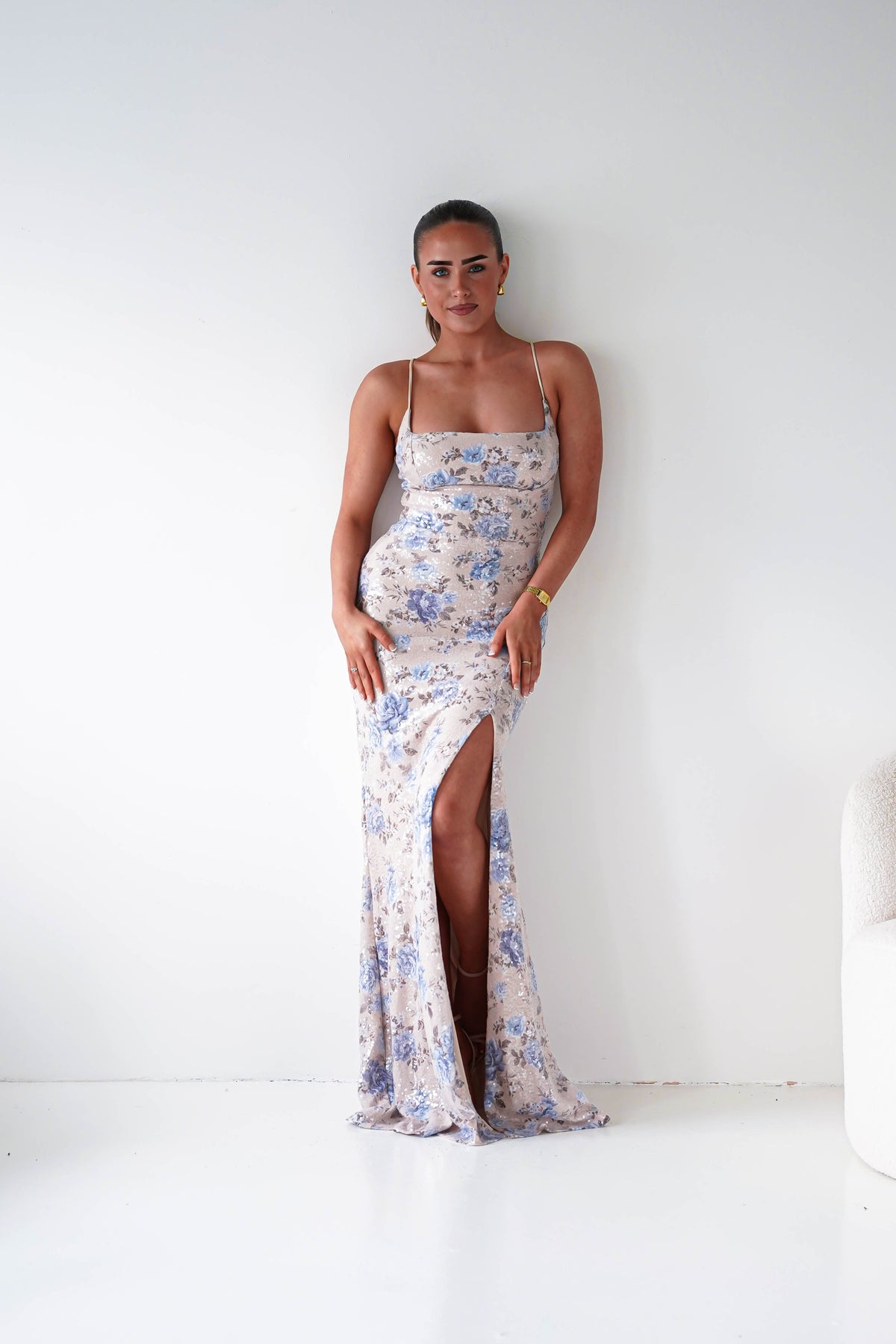 Imara Floral Sequin Maxi Dress | Beige/Blue-Oh Hello Clothing