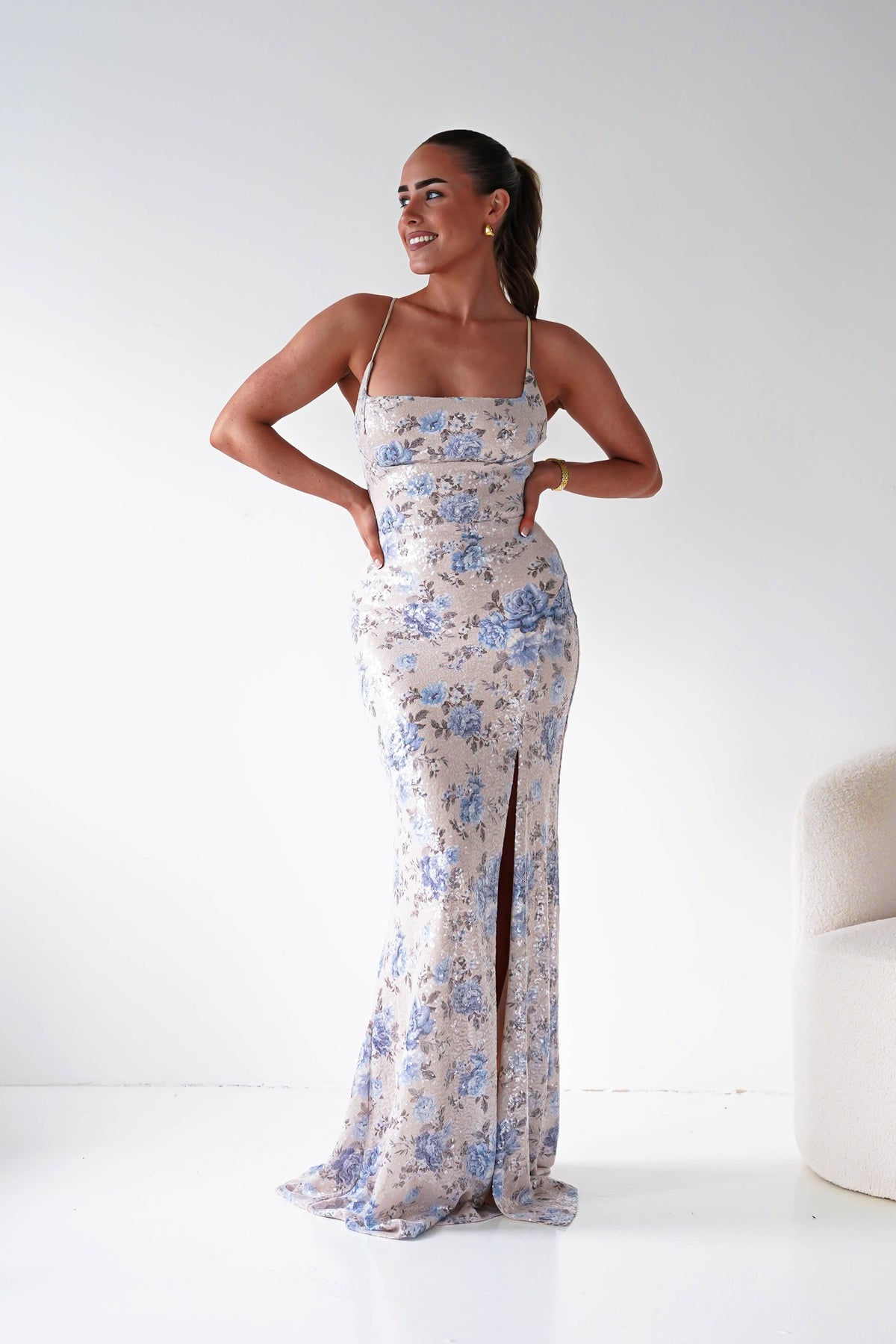 Imara Floral Sequin Maxi Dress | Beige/Blue-Oh Hello Clothing