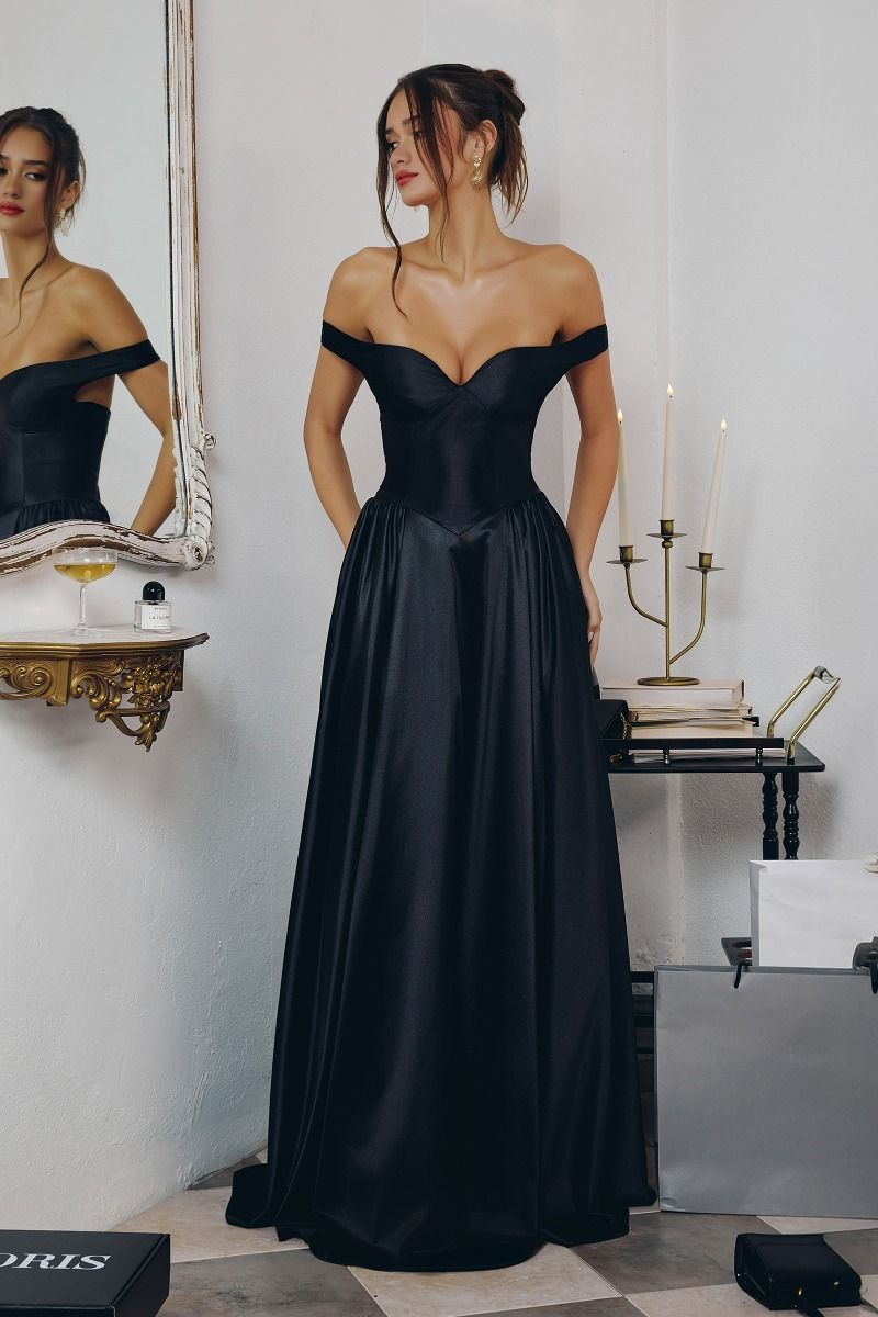 Irenia Off The Shoulder Structured Maxi Gown | Black-Oh Hello Clothing
