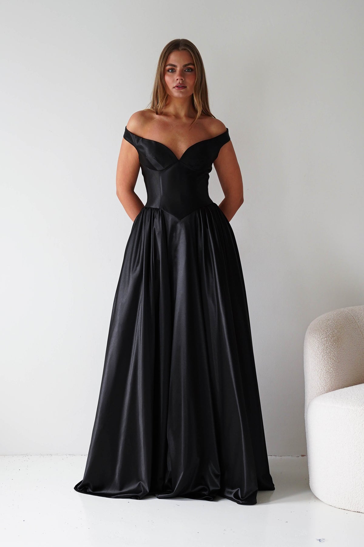 Irenia Off The Shoulder Structured Maxi Gown | Black-Oh Hello Clothing