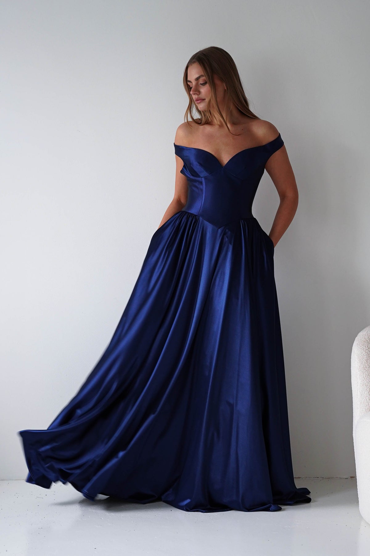 Irenia Off The Shoulder Structured Maxi Gown | Navy-Oh Hello Clothing