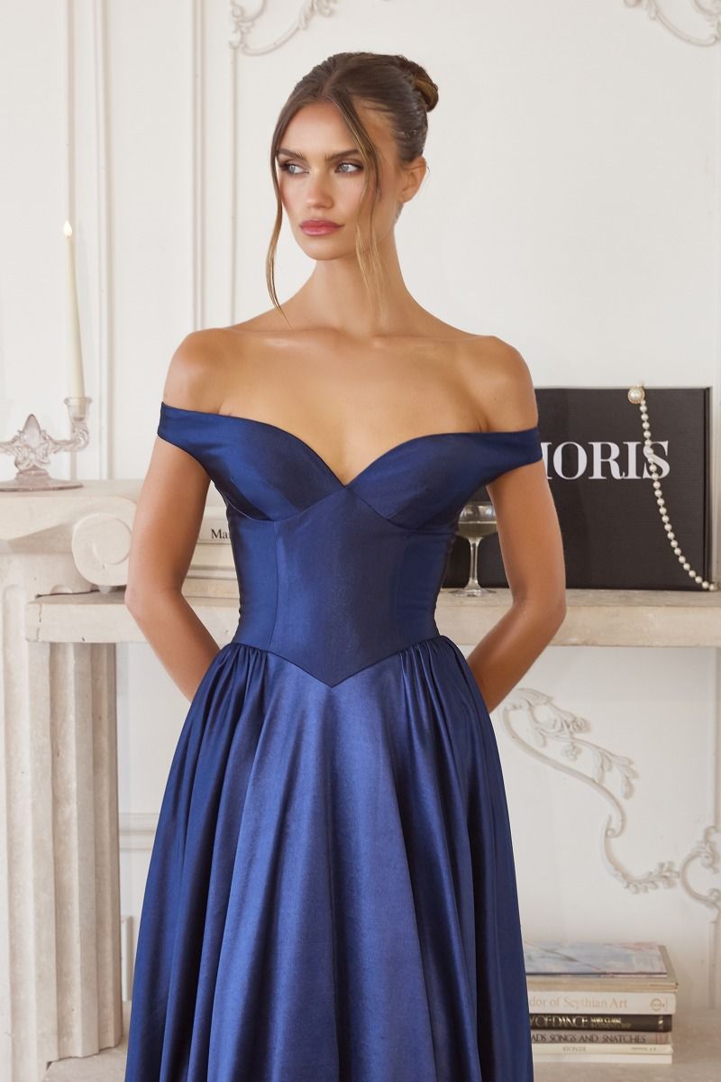 Irenia Off The Shoulder Structured Maxi Gown | Navy-Oh Hello Clothing