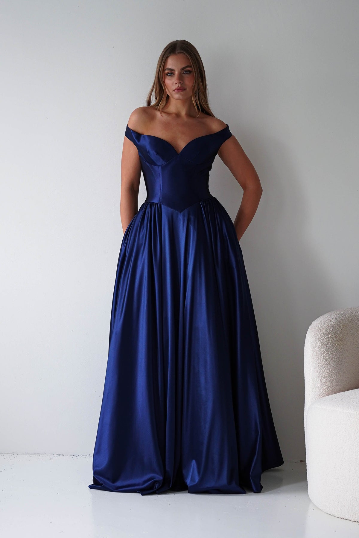 Irenia Off The Shoulder Structured Maxi Gown | Navy-Oh Hello Clothing