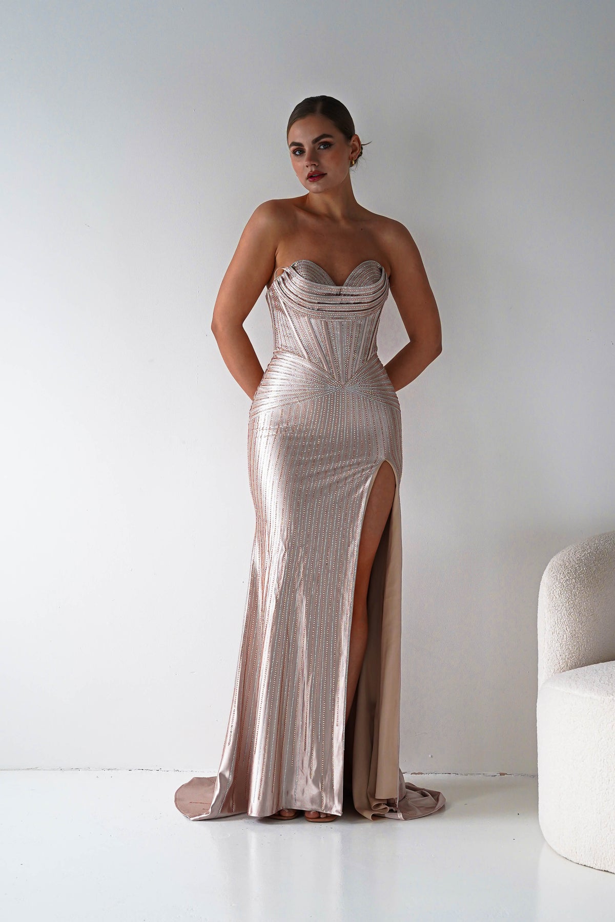 Iris Beaded Strapless Sweetheart Gown | Champagne-Oh Hello Clothing