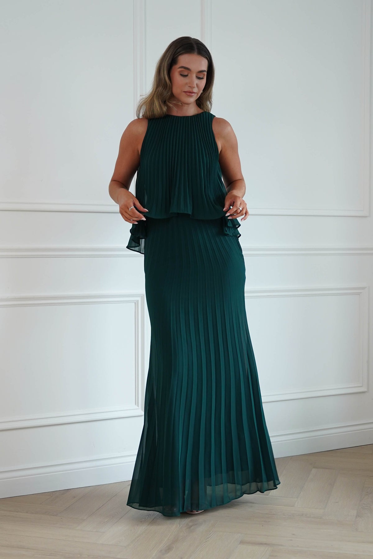 Oh Hello Clothing Women > Clothing > Dresses * DONE - MANIJU | MF23371 |Pleated Overlay Maxi Dress | Emerald Green