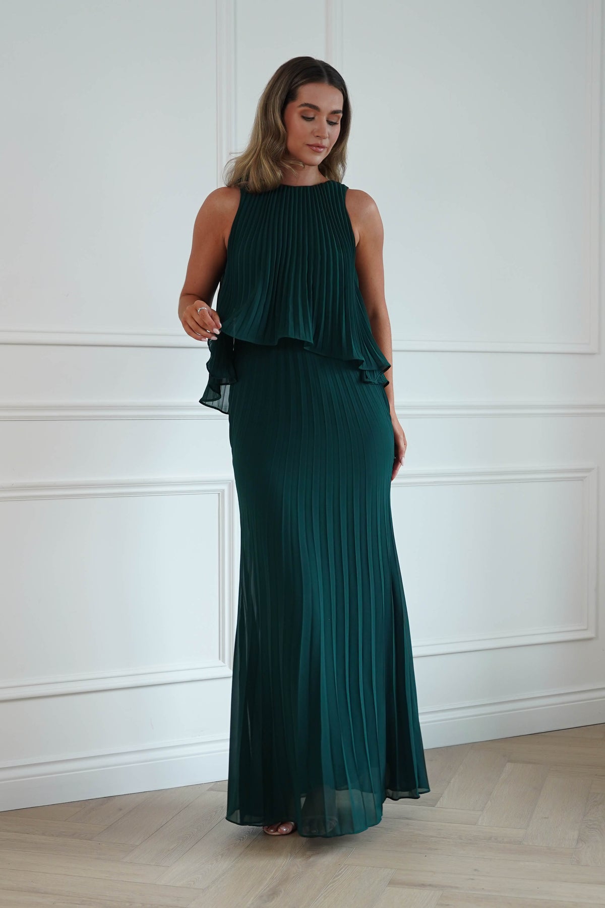 Oh Hello Clothing Women > Clothing > Dresses * DONE - MANIJU | MF23371 |Pleated Overlay Maxi Dress | Emerald Green