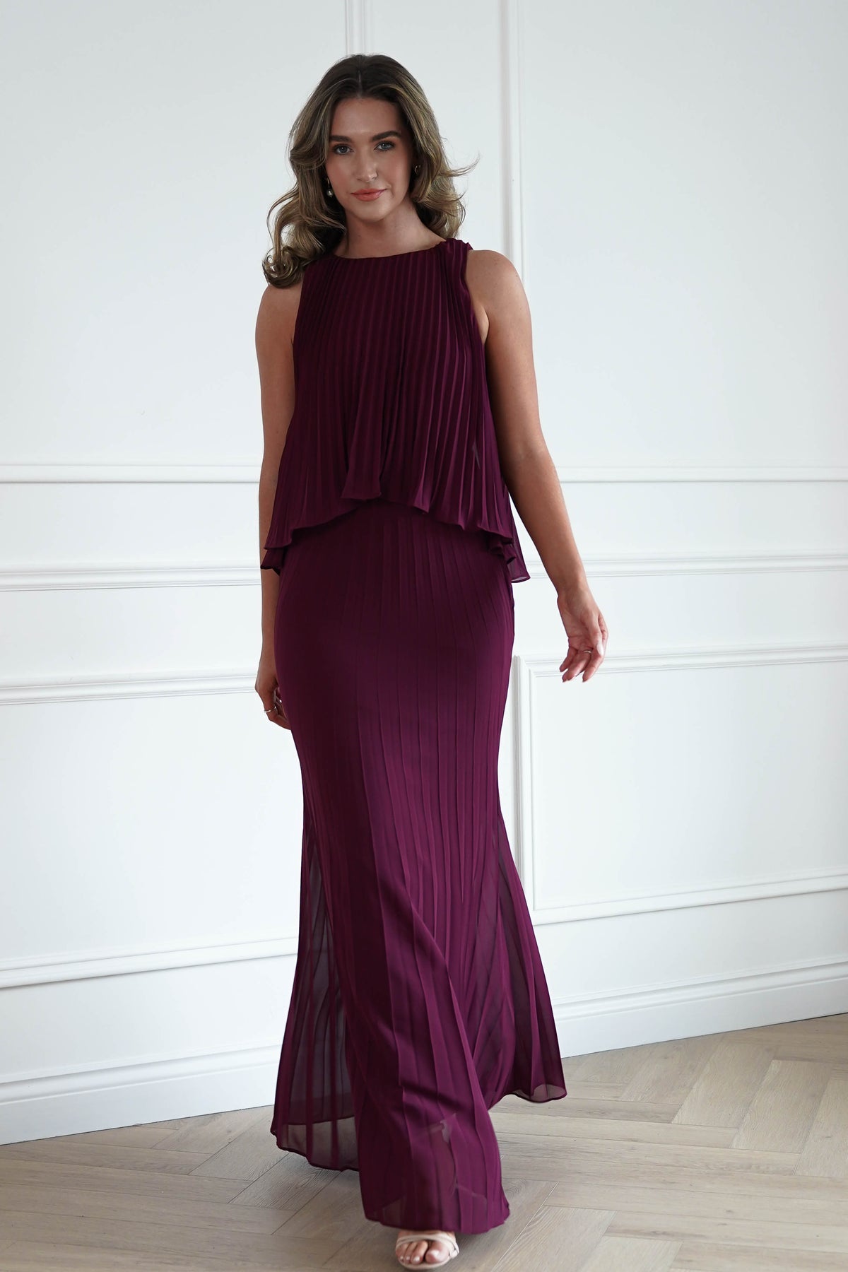 Oh Hello Clothing Women > Clothing > Dresses * DONE - MANIJU | MF23371 |Pleated Overlay Maxi Dress | wine (Copy)