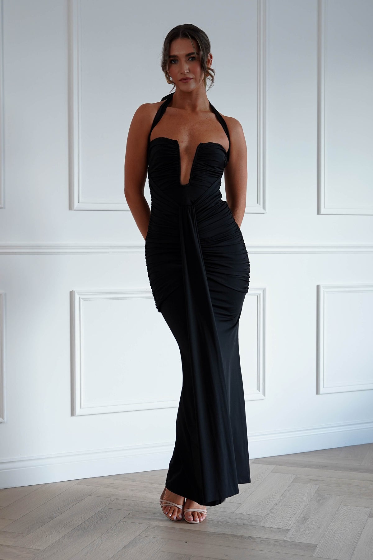 Janetta Halterneck Plunge Maxi Dress in Black