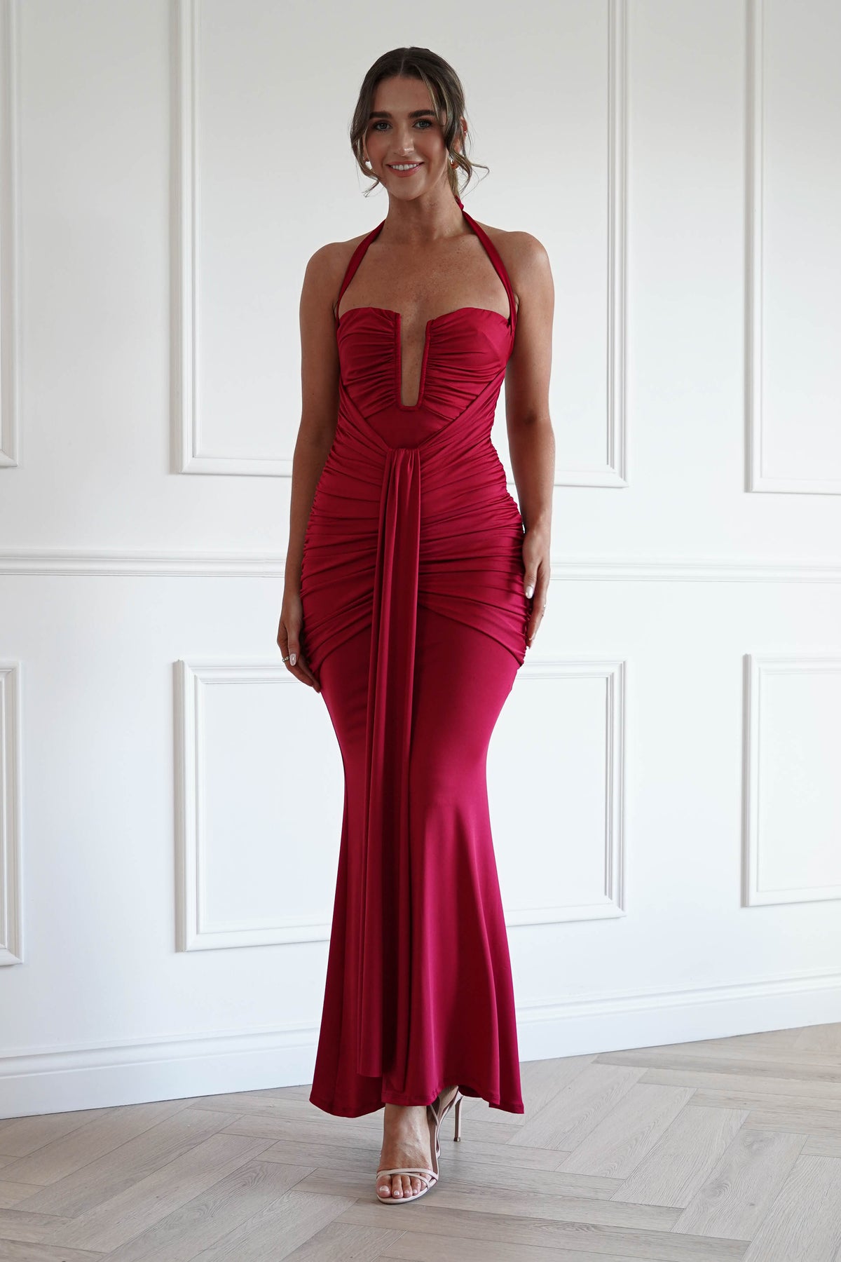 Janetta Halterneck Plunge Maxi Dress | Wine