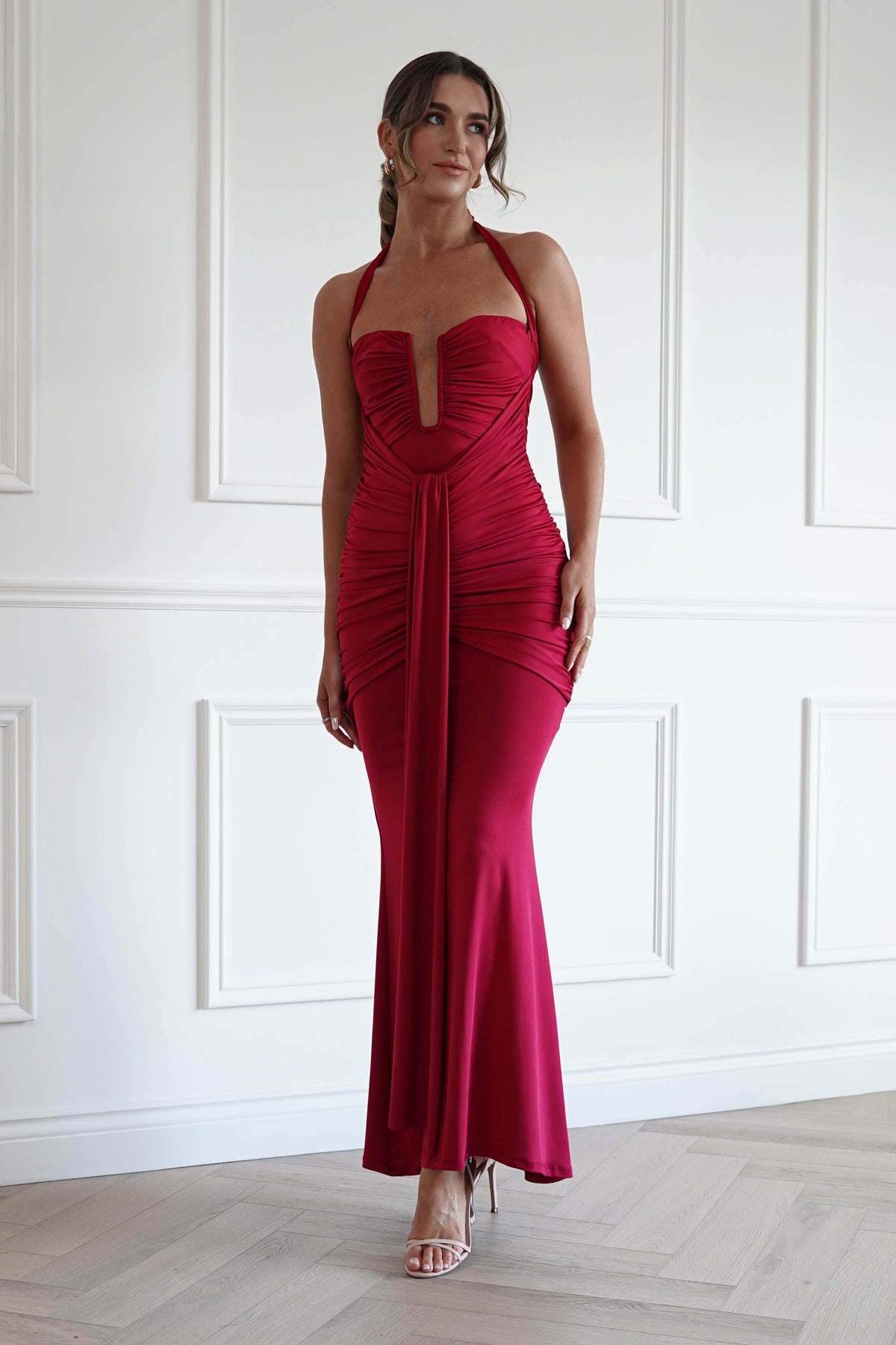 Janetta Halterneck Plunge Maxi Dress in Wine
