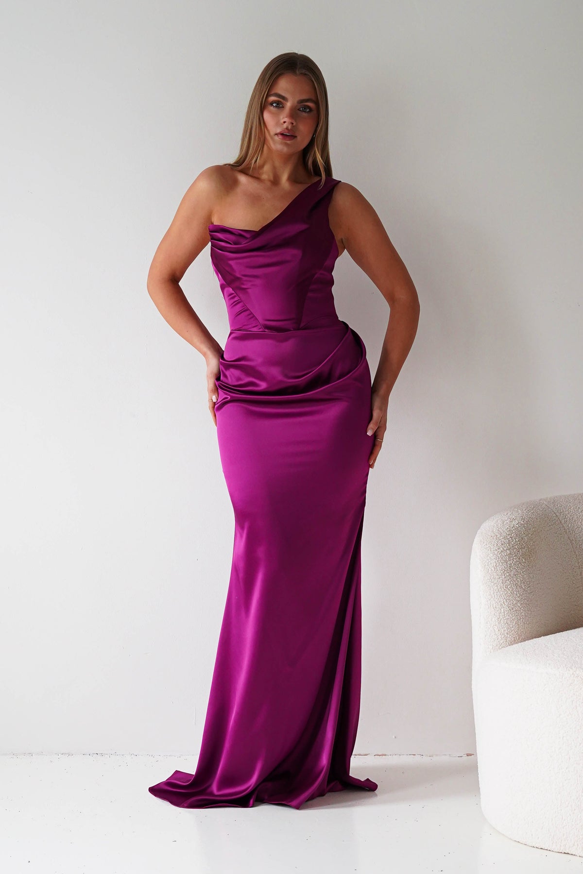 Jessel Satin One Shoulder Draped Maxi Gown | Berry-Oh Hello Clothing