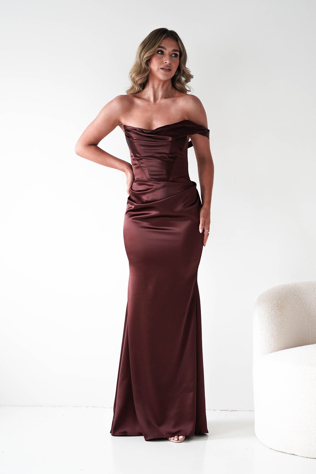 Jessel Satin One Shoulder Draped Maxi Gown | Brown-Oh Hello Clothing