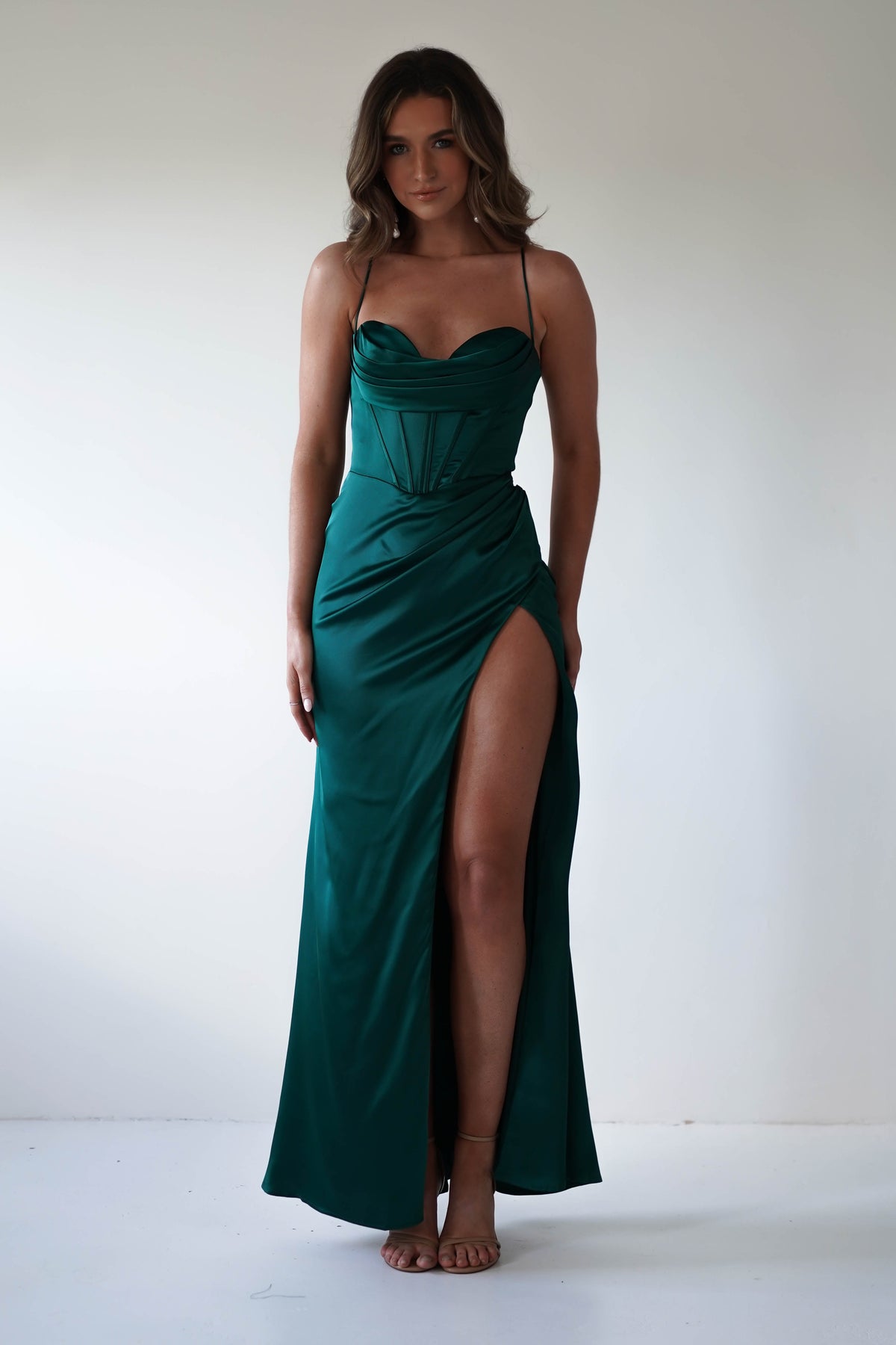 Julianne Corset Satin Gown | Emerald Green-Oh Hello Clothing