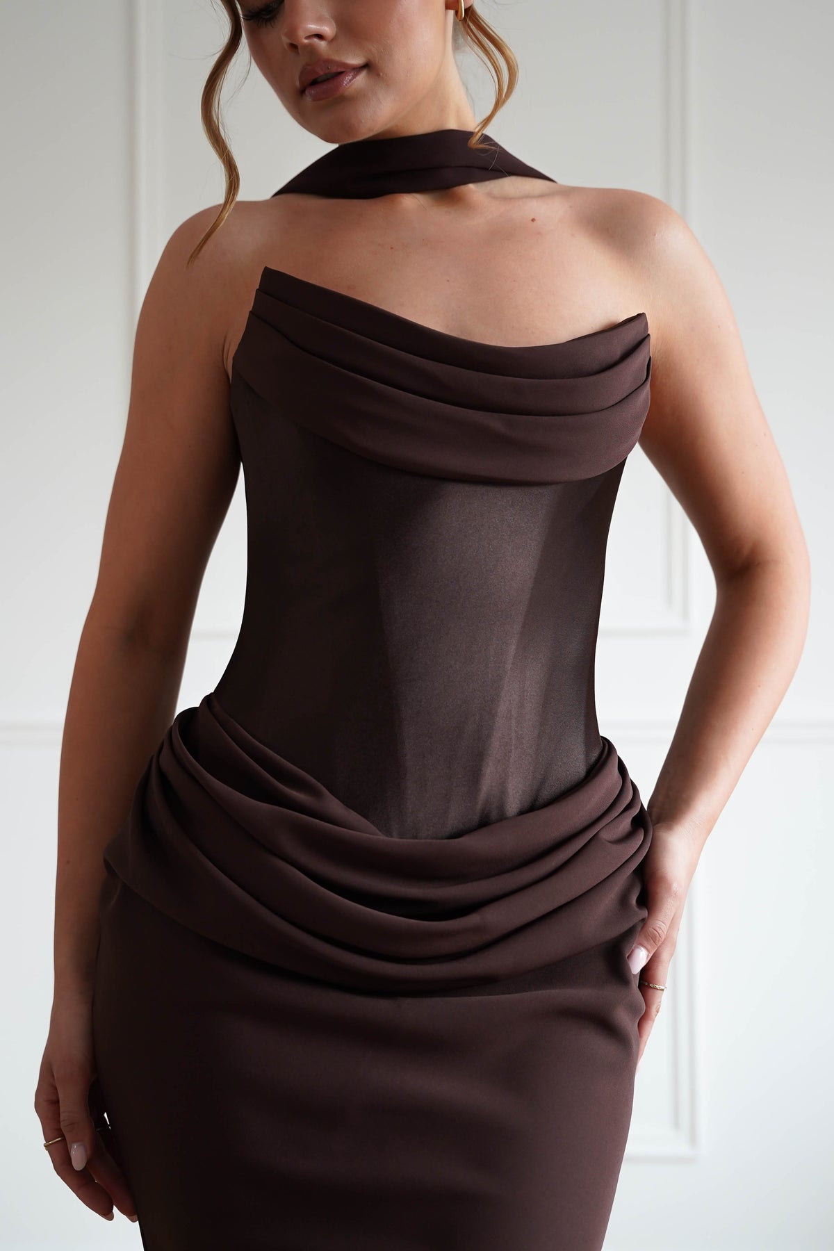 Kailani Strapless Ruched Maxi Dress | Brown-Oh Hello Clothing
