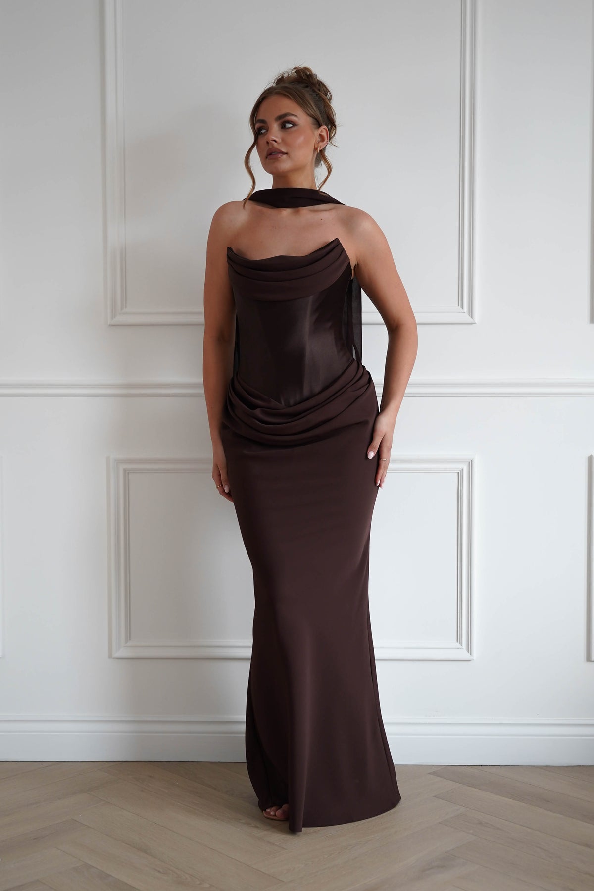 strapless brown satin dress Kailani Ruched Maxi | strapless dress with shawl
