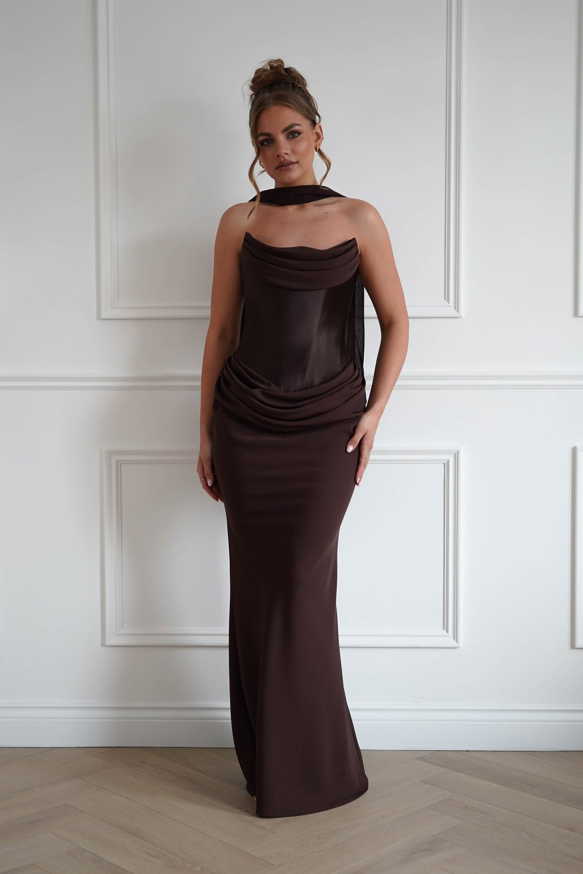 strapless brown satin dress Kailani Ruched Maxi | strapless dress with shawl
