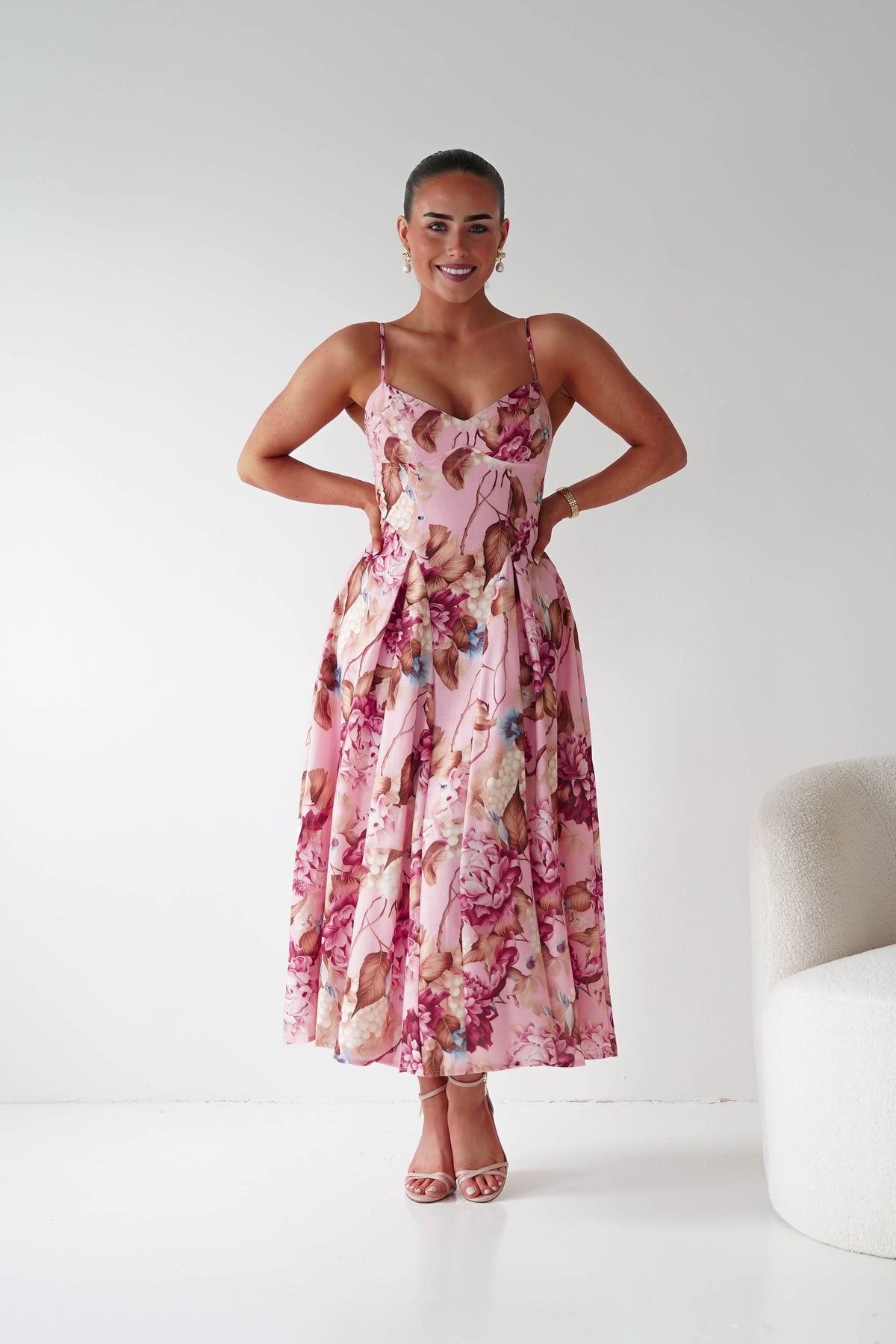 Karissa Floral Print Sweetheart Midi Dress | Pink-Oh Hello Clothing