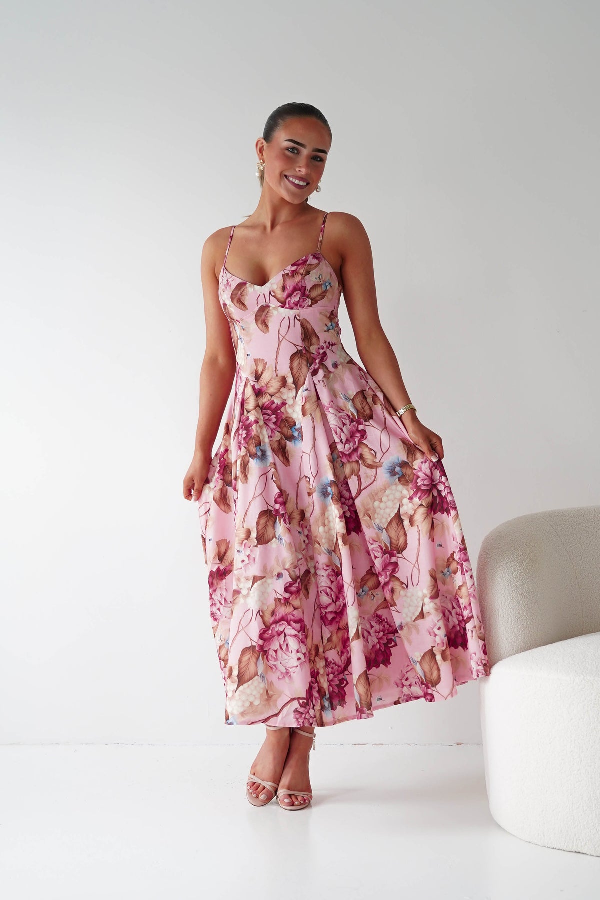 Karissa Floral Print Sweetheart Midi Dress | Pink-Oh Hello Clothing