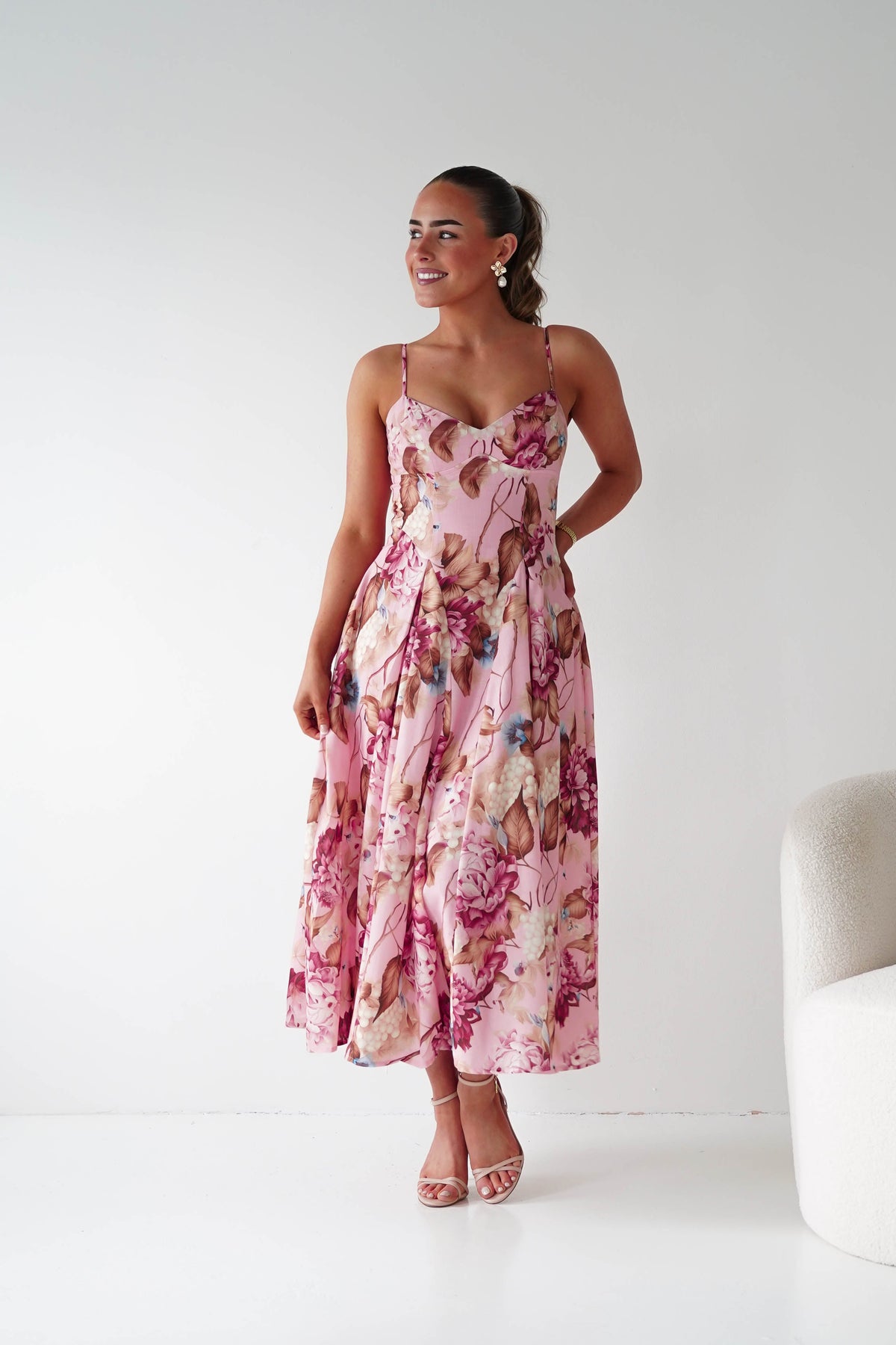 Karissa Floral Print Sweetheart Midi Dress | Pink-Oh Hello Clothing