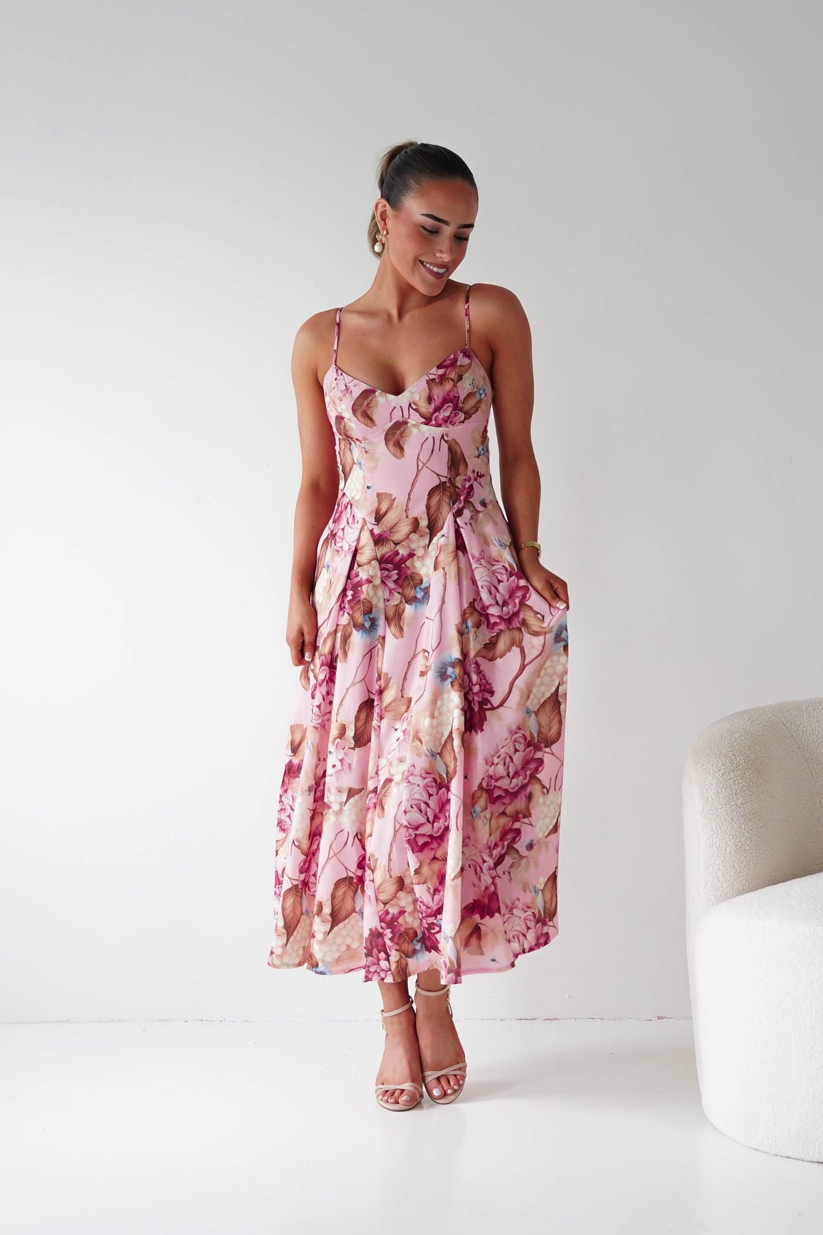 Karissa Floral Print Sweetheart Midi Dress | Pink-Oh Hello Clothing