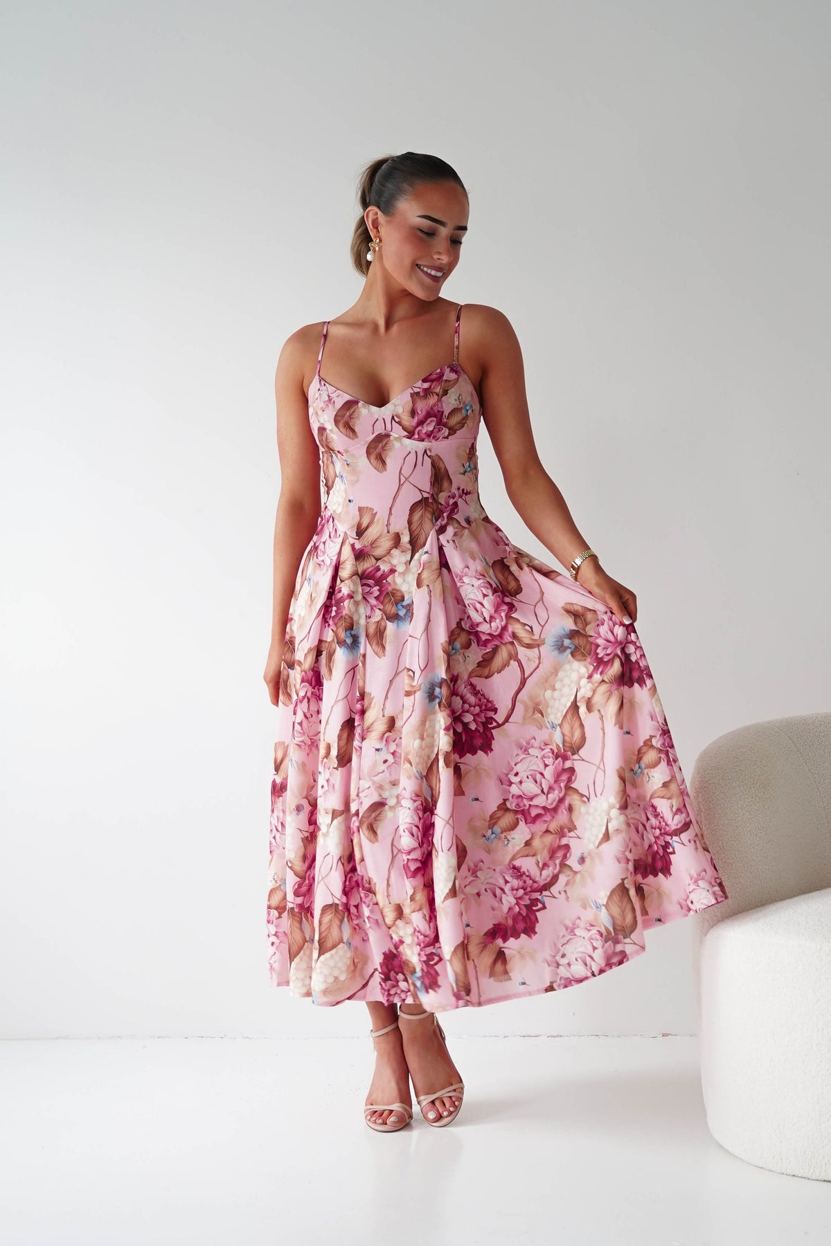 Karissa Floral Print Sweetheart Midi Dress | Pink-Oh Hello Clothing