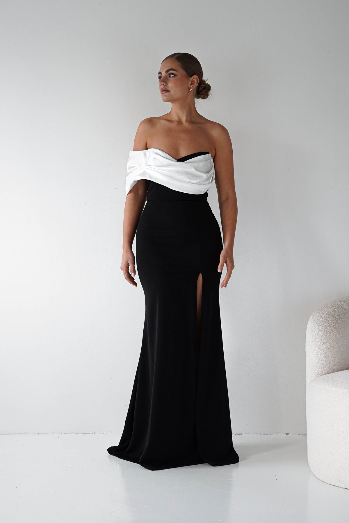 Karlene Off The Shoulder Gown | Black/White-Oh Hello Clothing