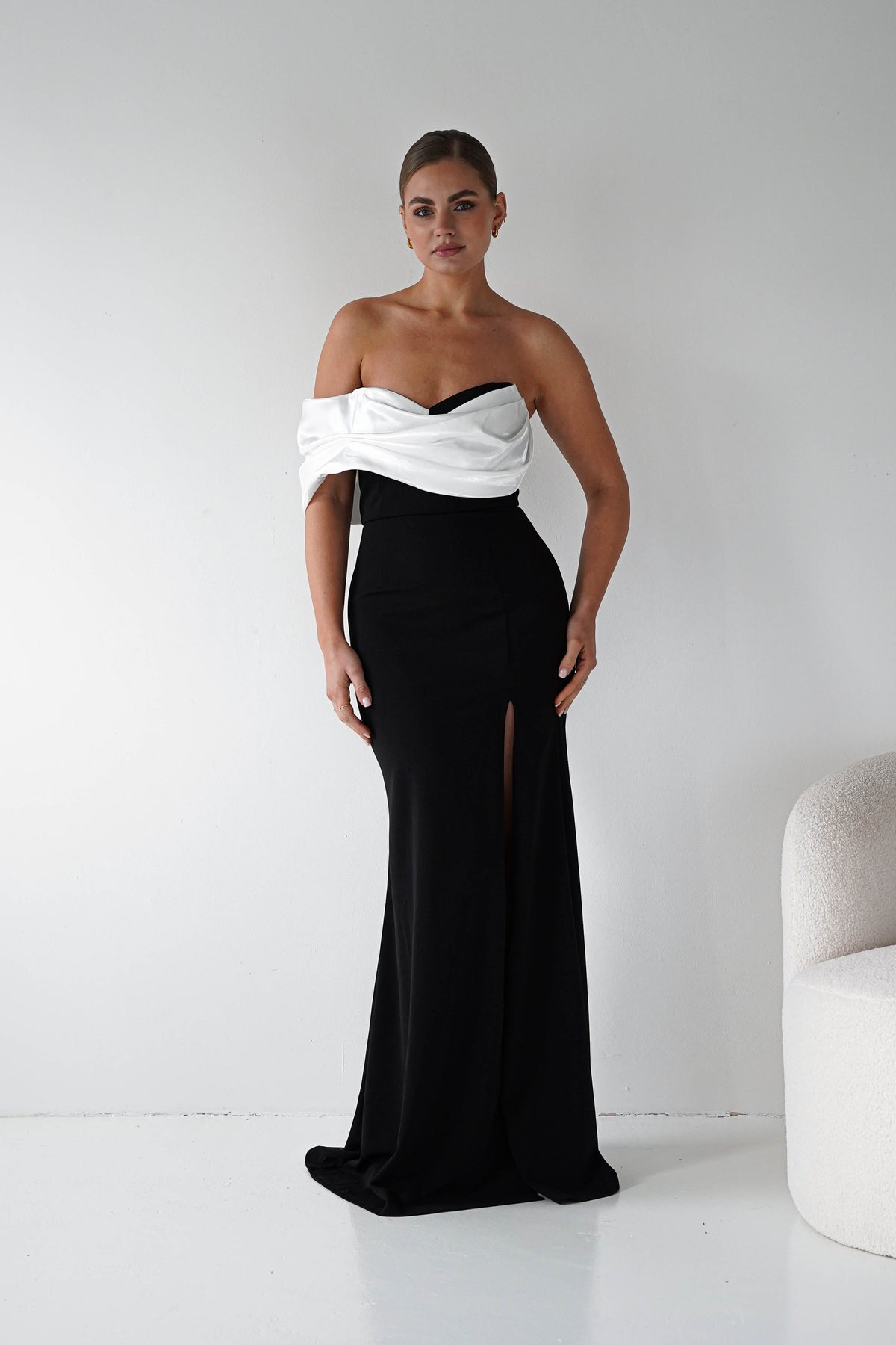 Karlene Off The Shoulder Gown | Black/White-Oh Hello Clothing