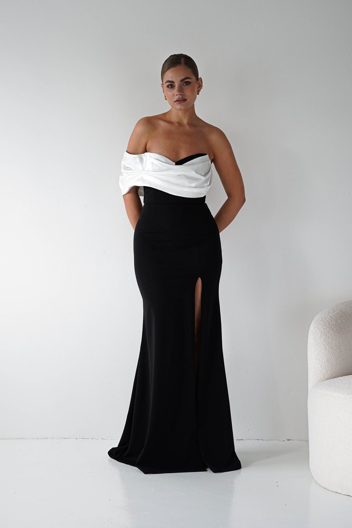 Karlene Off The Shoulder Gown | Black/White-Oh Hello Clothing