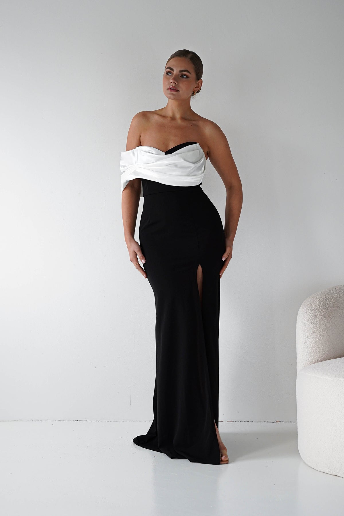 Karlene Off The Shoulder Gown | Black/White-Oh Hello Clothing