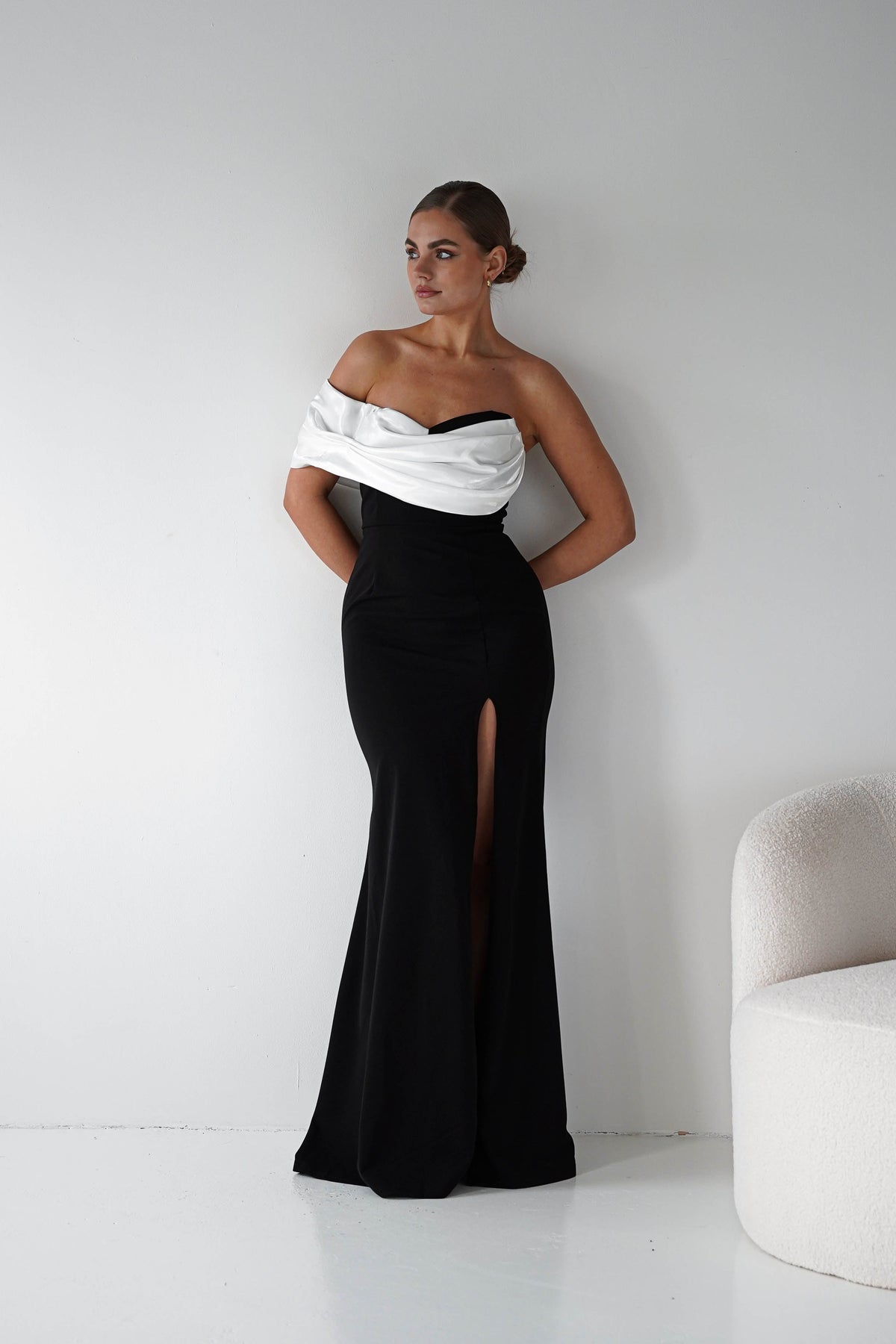 Karlene Off The Shoulder Gown | Black/White-Oh Hello Clothing