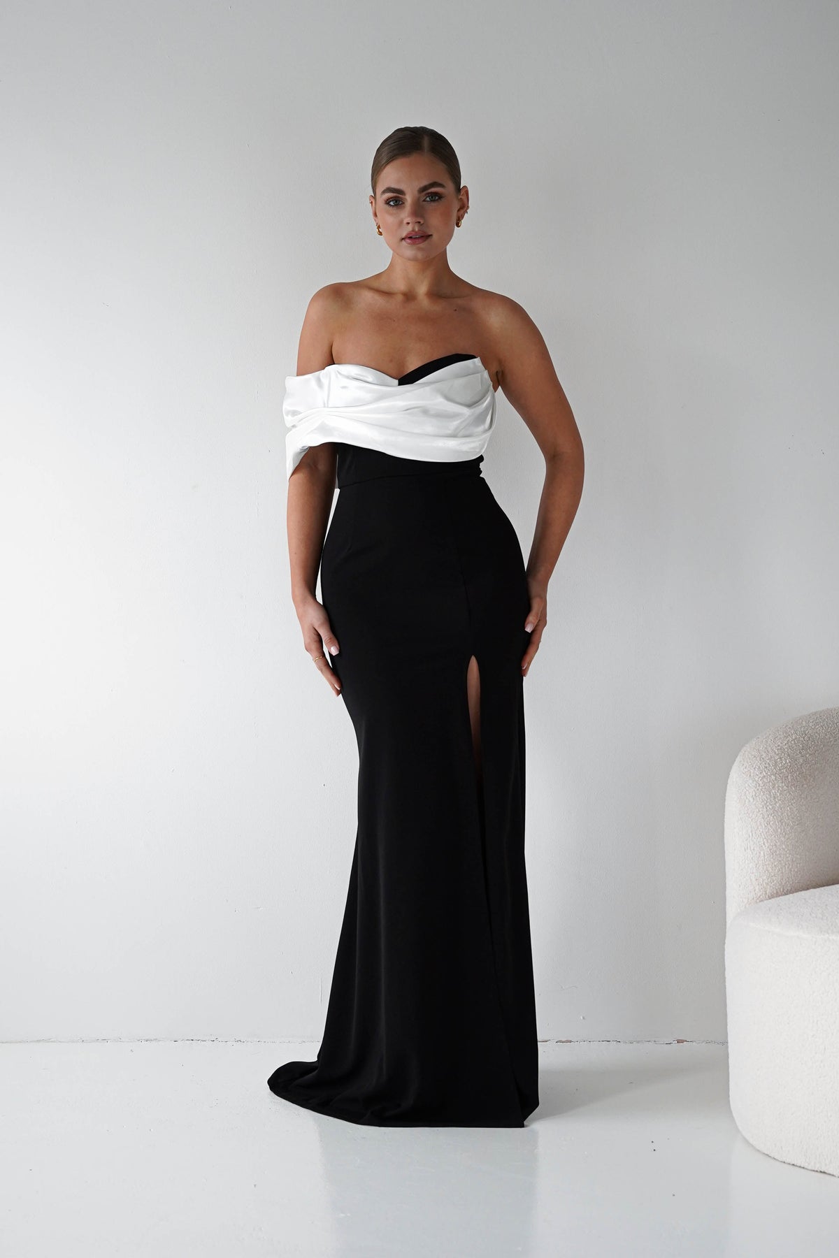 Karlene Off The Shoulder Gown | Black/White-Oh Hello Clothing