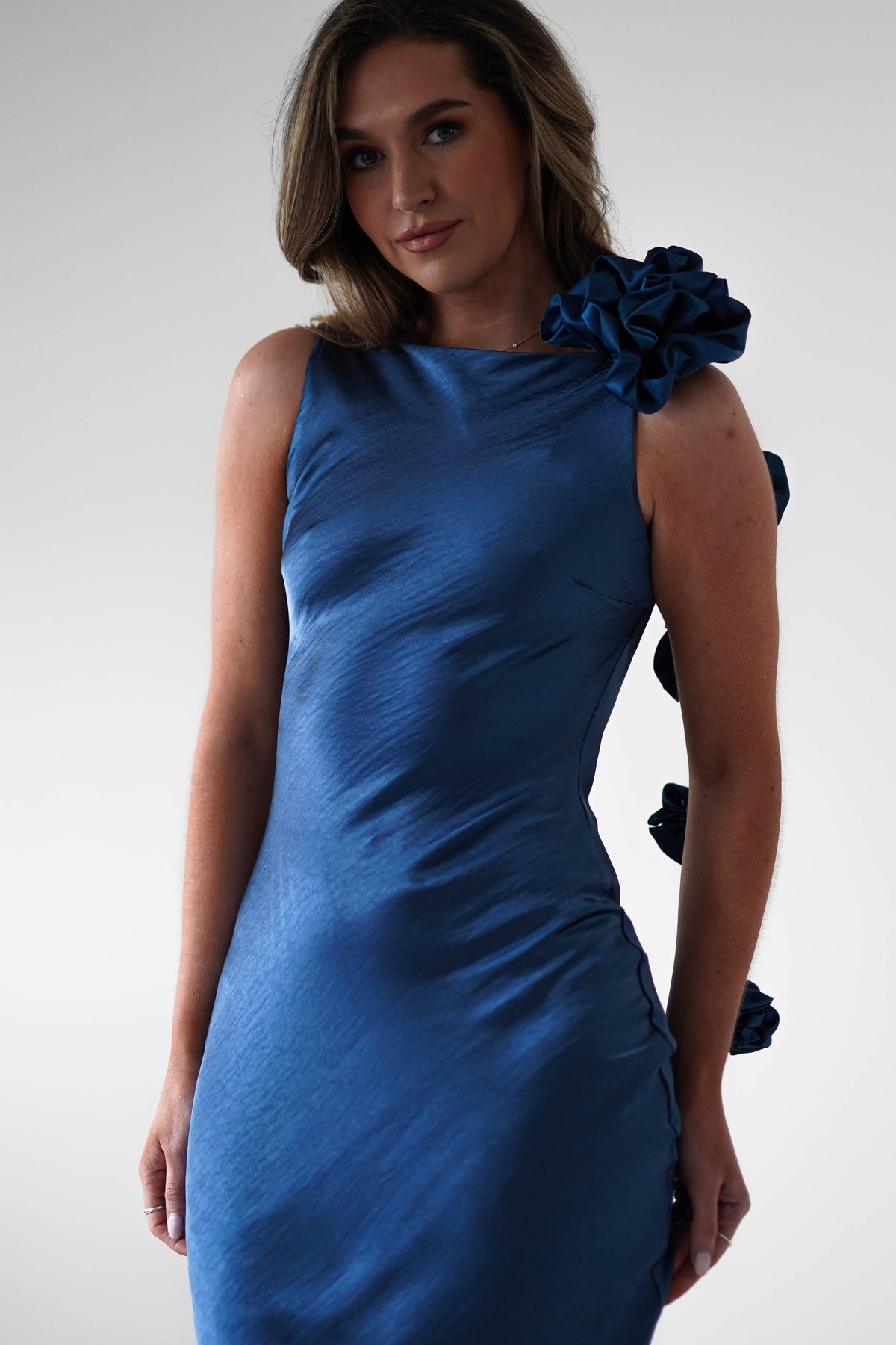 Karley Soft Satin Maxi Dress | Slate Blue-Oh Hello Clothing