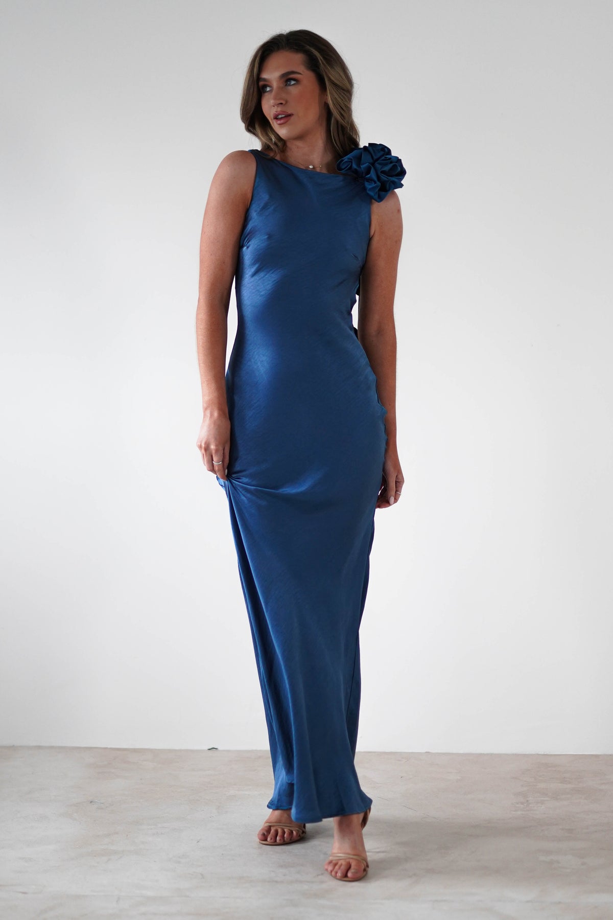 Karley Soft Satin Maxi Dress | Slate Blue-Oh Hello Clothing