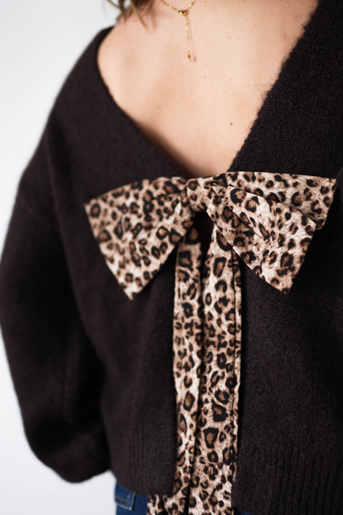 Karlie Cosy Knit Jumper Leopard Bow | Brown-Oh Hello Clothing